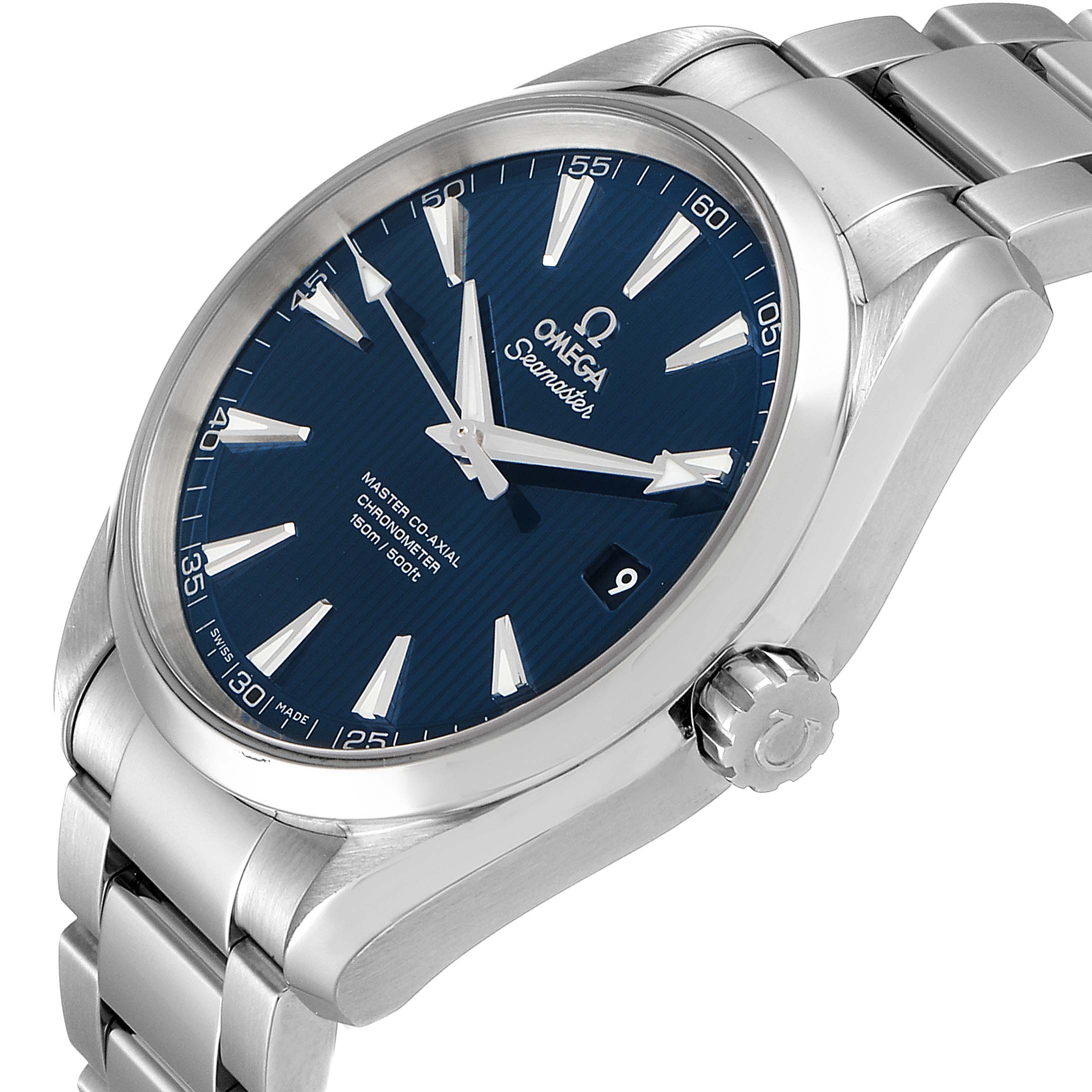This image shows a side perspective of the Omega Aqua Terra 231.10.42.21.03.003 Men's Stainless Steel Blue Dial 231.10.42.21.03.003 Men's Stainless Steel Blue Dial watch, highlighting the dial and part of the stainless steel bracelet.