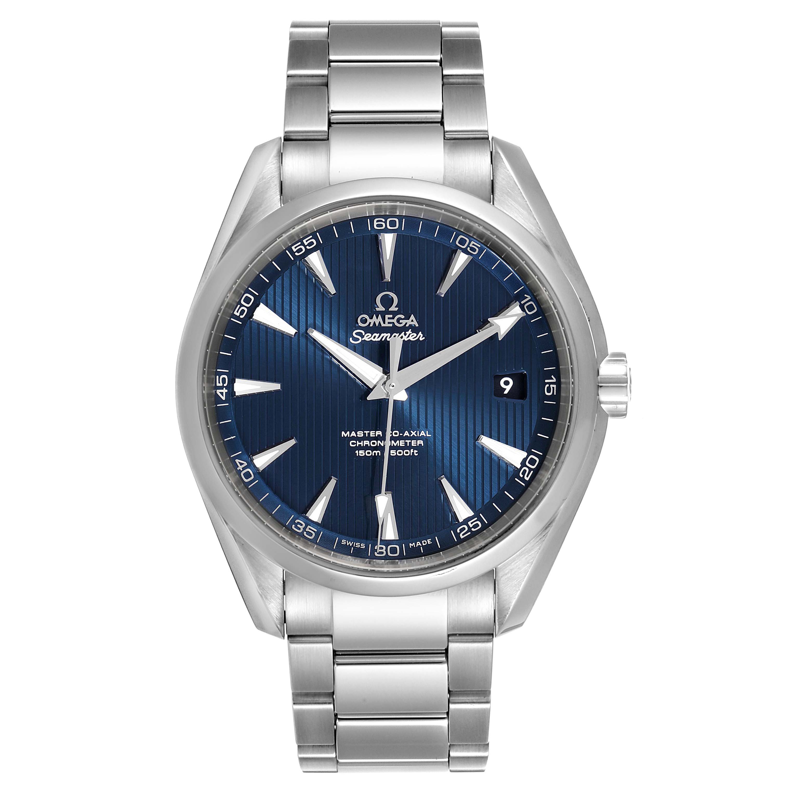 The image shows a front view of an Omega Aqua Terra 231.10.42.21.03.003 Men's Stainless Steel Blue Dial 231.10.42.21.03.003 Men's Stainless Steel Blue Dial watch, displaying its blue dial, stainless steel case, and bracelet.