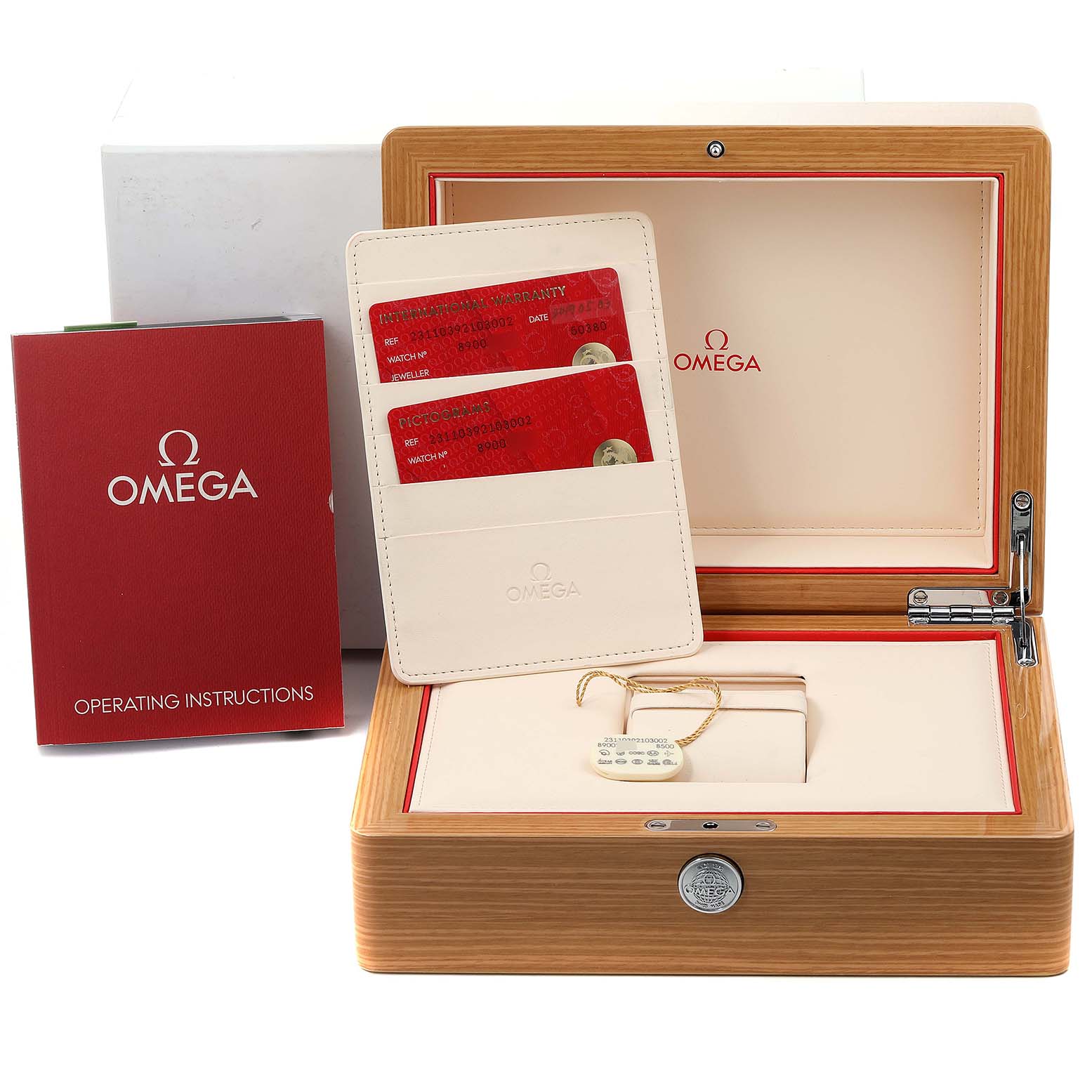 The image shows an Omega Aqua Terra 231.10.39.21.03.002 Men
s Stainless Steel Blue Dial 231.10.39.21.03.002 Men
s Stainless Steel Blue Dial watch box along with operating instructions and warranty cards.