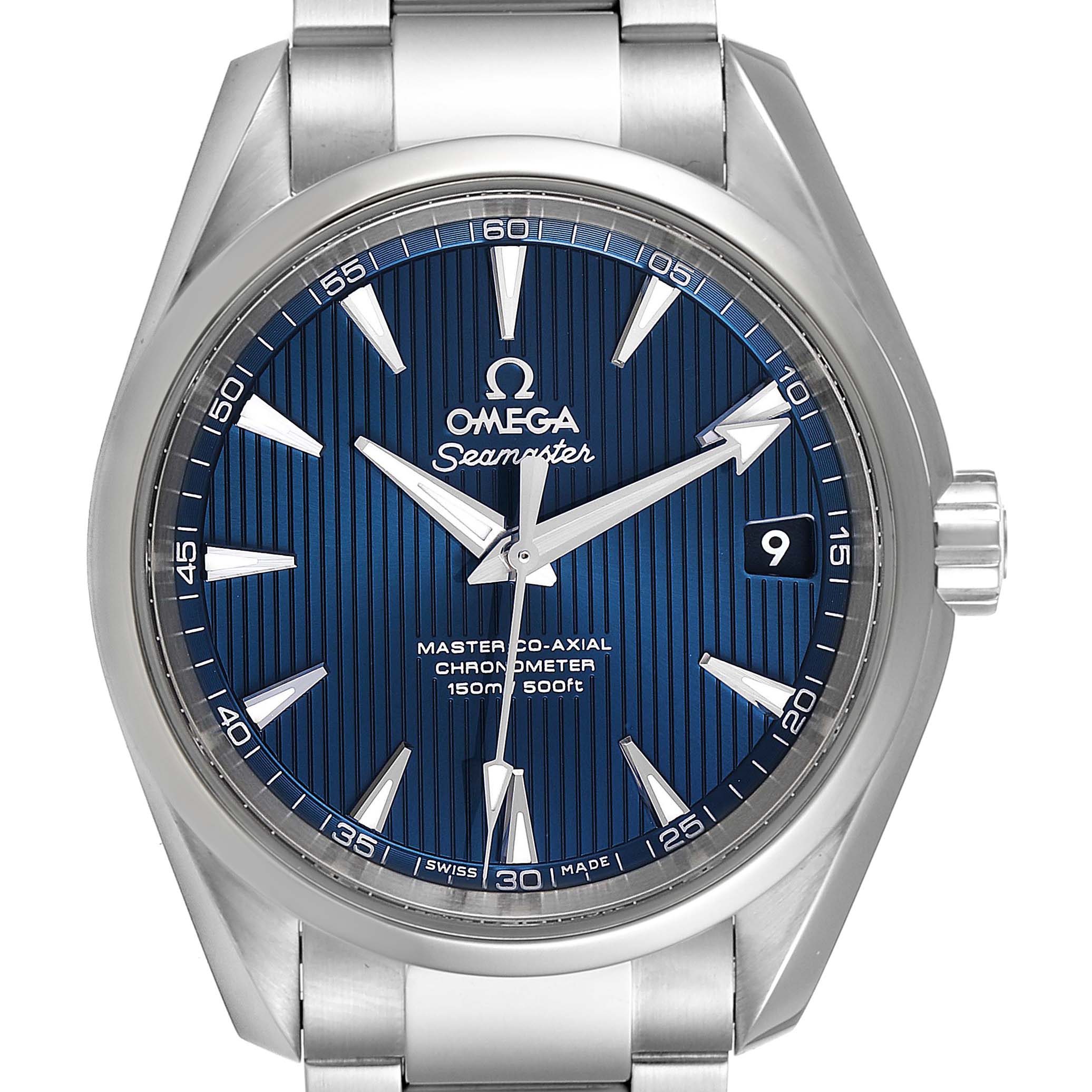 The image shows a front view of the Omega Aqua Terra 231.10.39.21.03.002 Men
s Stainless Steel Blue Dial 231.10.39.21.03.002 Men
s Stainless Steel Blue Dial Seamaster watch, displaying the dial, hands, date window, and part of the bracelet.