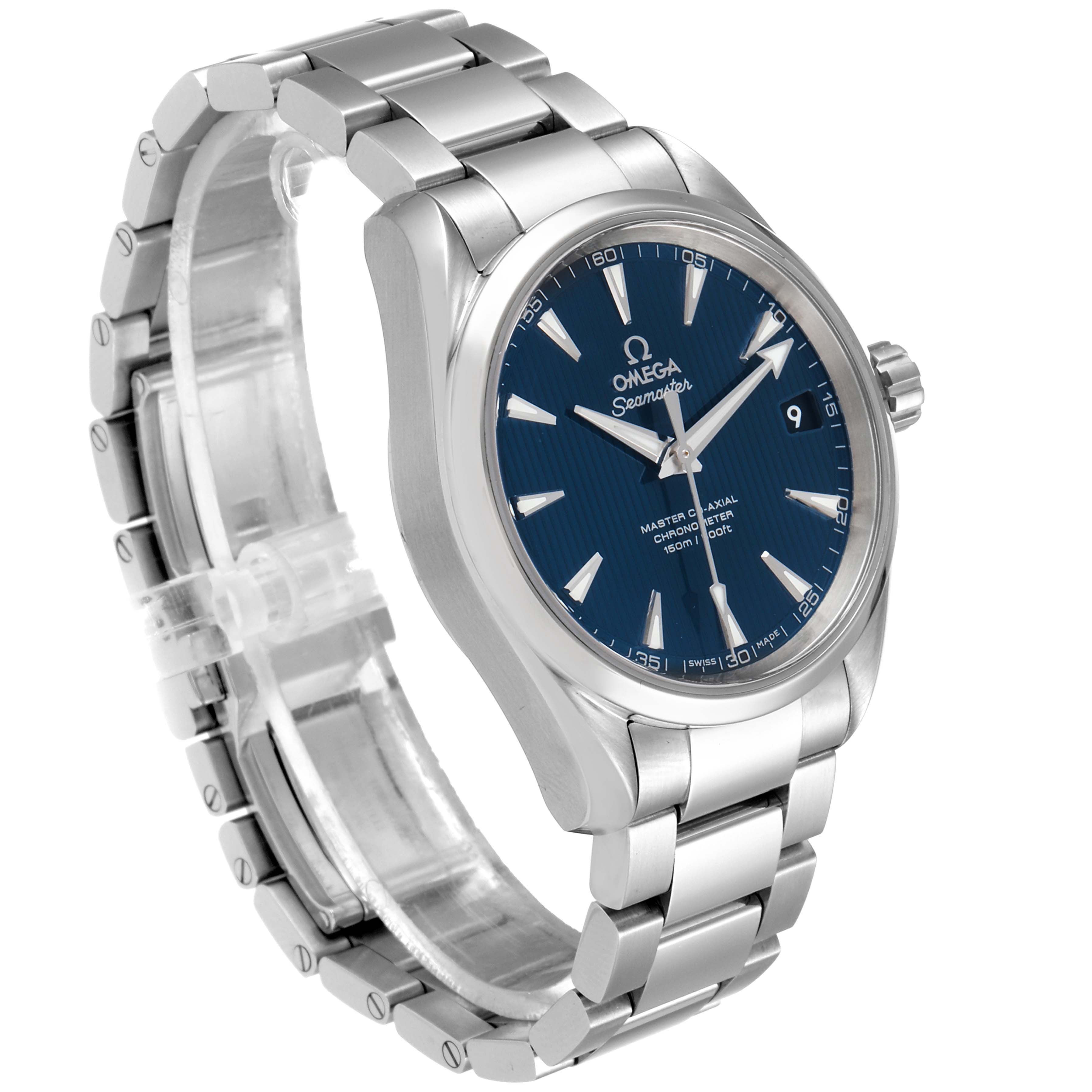 The image shows an Omega Aqua Terra 231.10.39.21.03.002 Men
s Stainless Steel Blue Dial 231.10.39.21.03.002 Men
s Stainless Steel Blue Dial watch at a slight angle, displaying its face, bezel, crown, and metal bracelet.