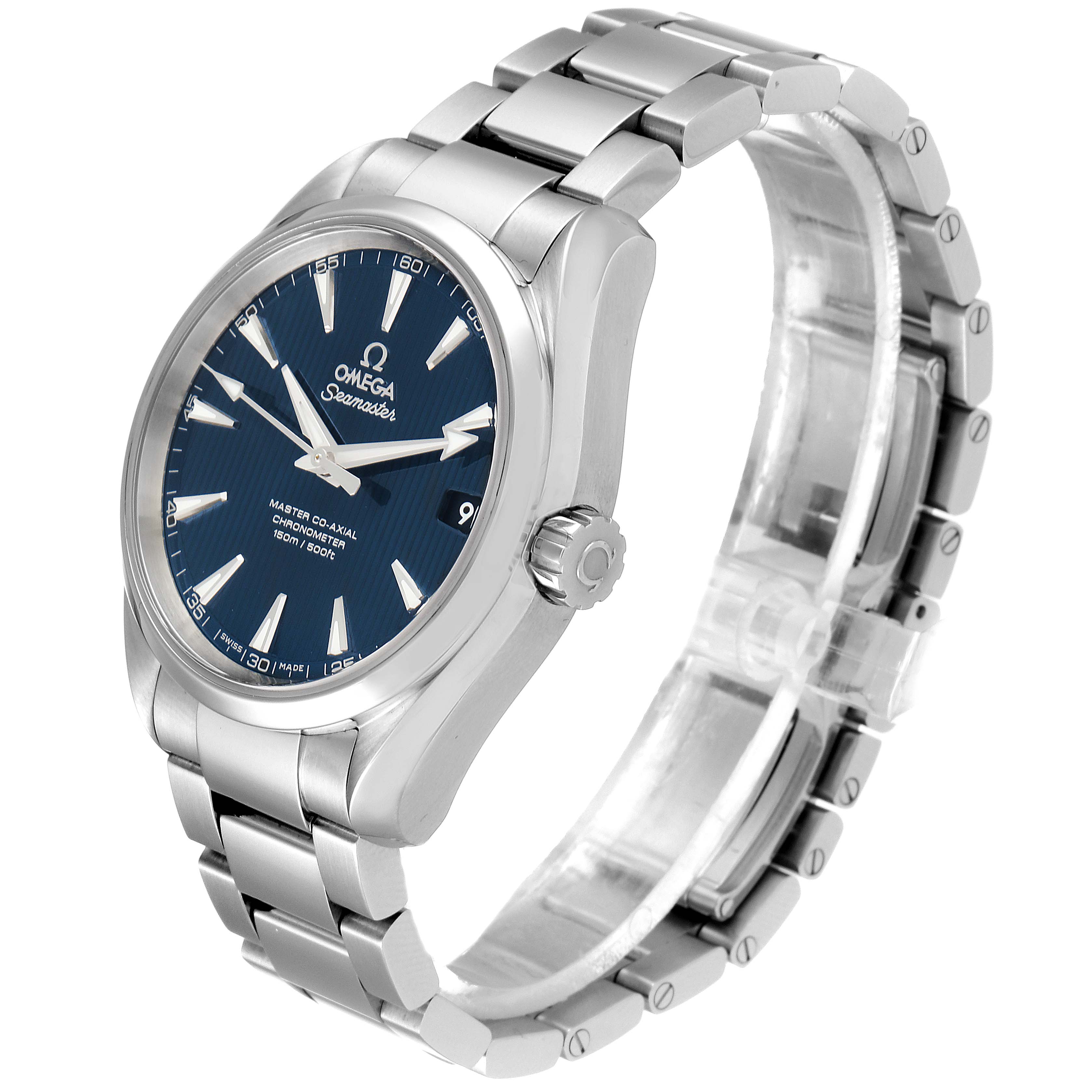 The image shows an Omega Seamaster Aqua Terra watch at an angled view, highlighting its blue dial and stainless steel bracelet.
