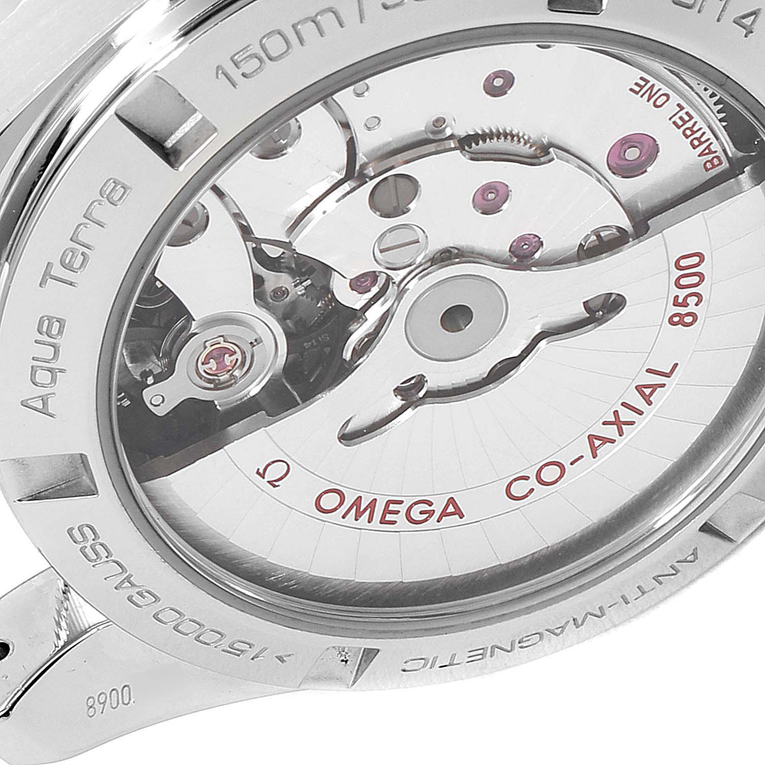 This image shows a close-up of the back of the Omega Aqua Terra 231.10.39.21.03.002 Men
s Stainless Steel Blue Dial 231.10.39.21.03.002 Men
s Stainless Steel Blue Dial watch, focusing on its Co-Axial mechanical movement.