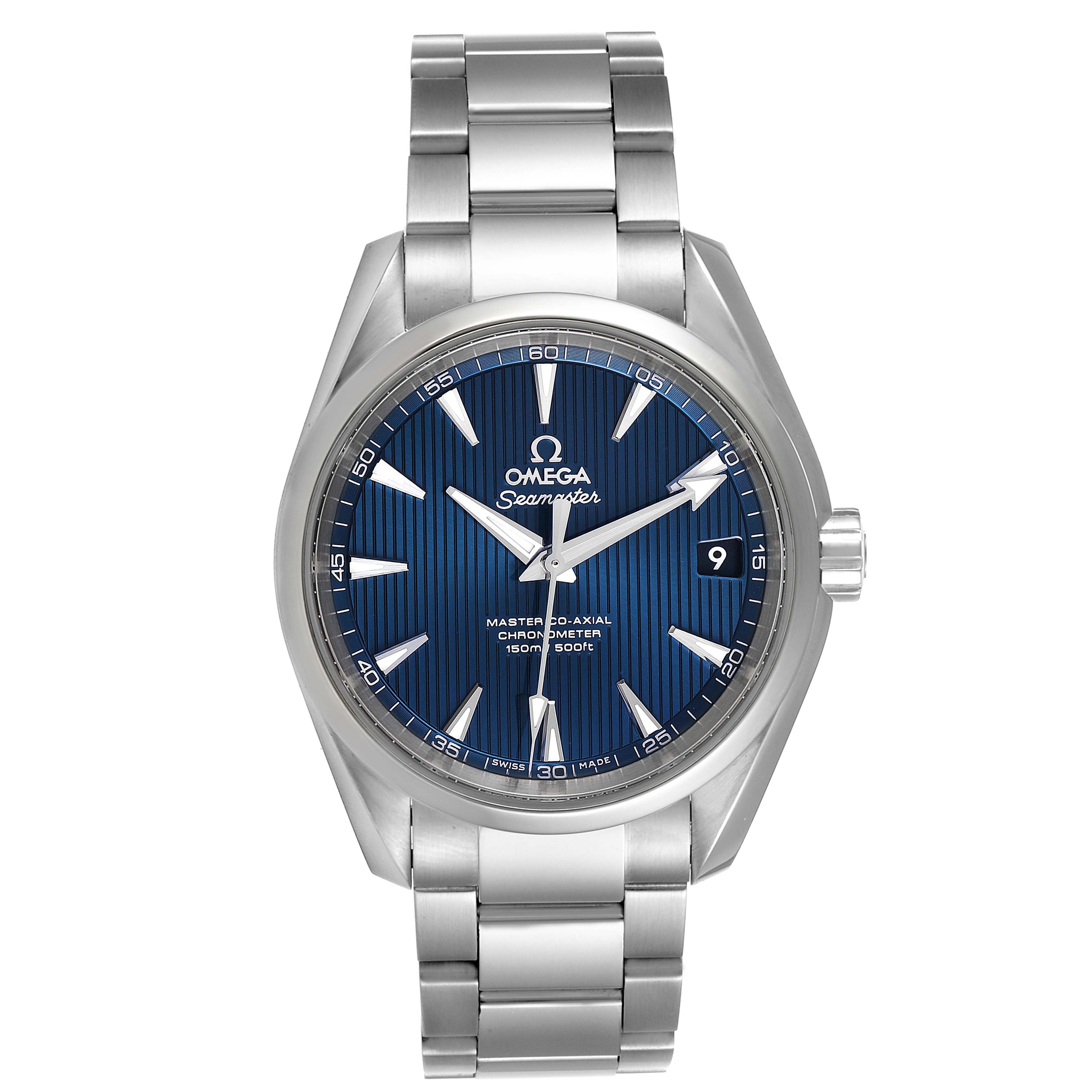 The Omega Aqua Terra 231.10.39.21.03.002 Men
s Stainless Steel Blue Dial 231.10.39.21.03.002 Men
s Stainless Steel Blue Dial watch is shown from the front, highlighting its face and metal bracelet.