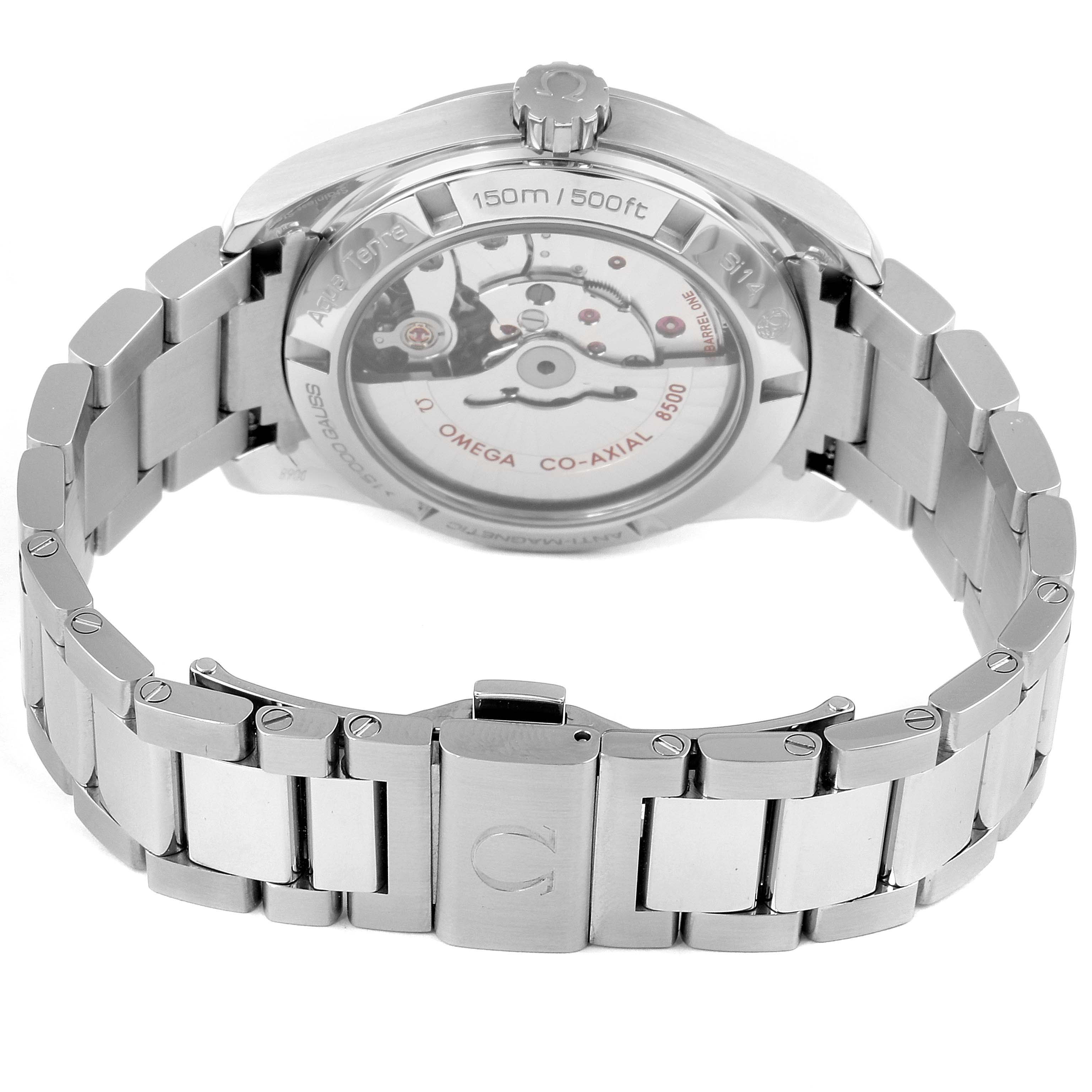 The image shows the back view of an Omega Aqua Terra 231.10.39.21.03.002 Men
s Stainless Steel Blue Dial 231.10.39.21.03.002 Men
s Stainless Steel Blue Dial watch, focusing on the display case back and bracelet.