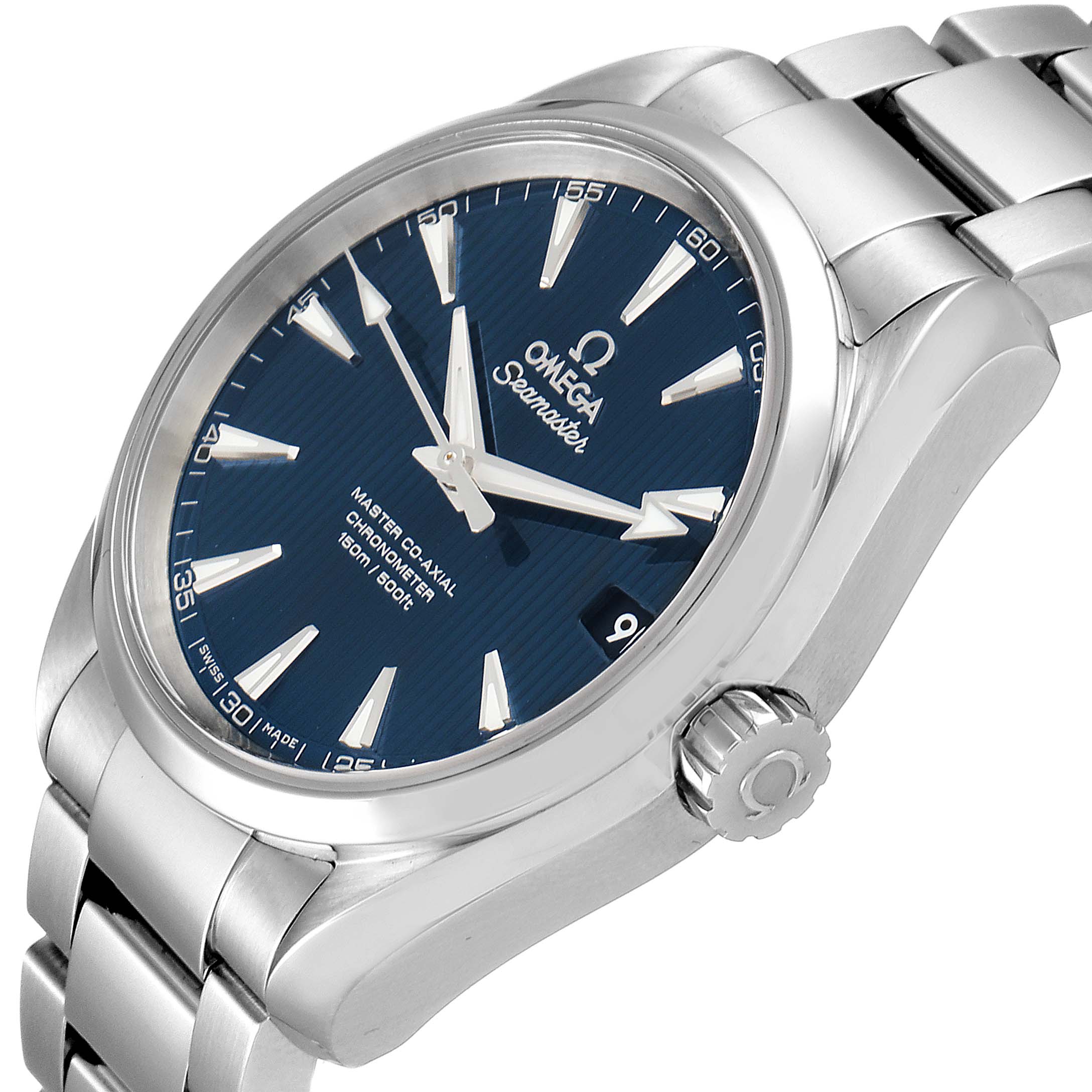 The image shows an angled view of the Omega Aqua Terra 231.10.39.21.03.002 Men
s Stainless Steel Blue Dial 231.10.39.21.03.002 Men
s Stainless Steel Blue Dial watch, highlighting its dial, bezel, case, bracelet, and crown.