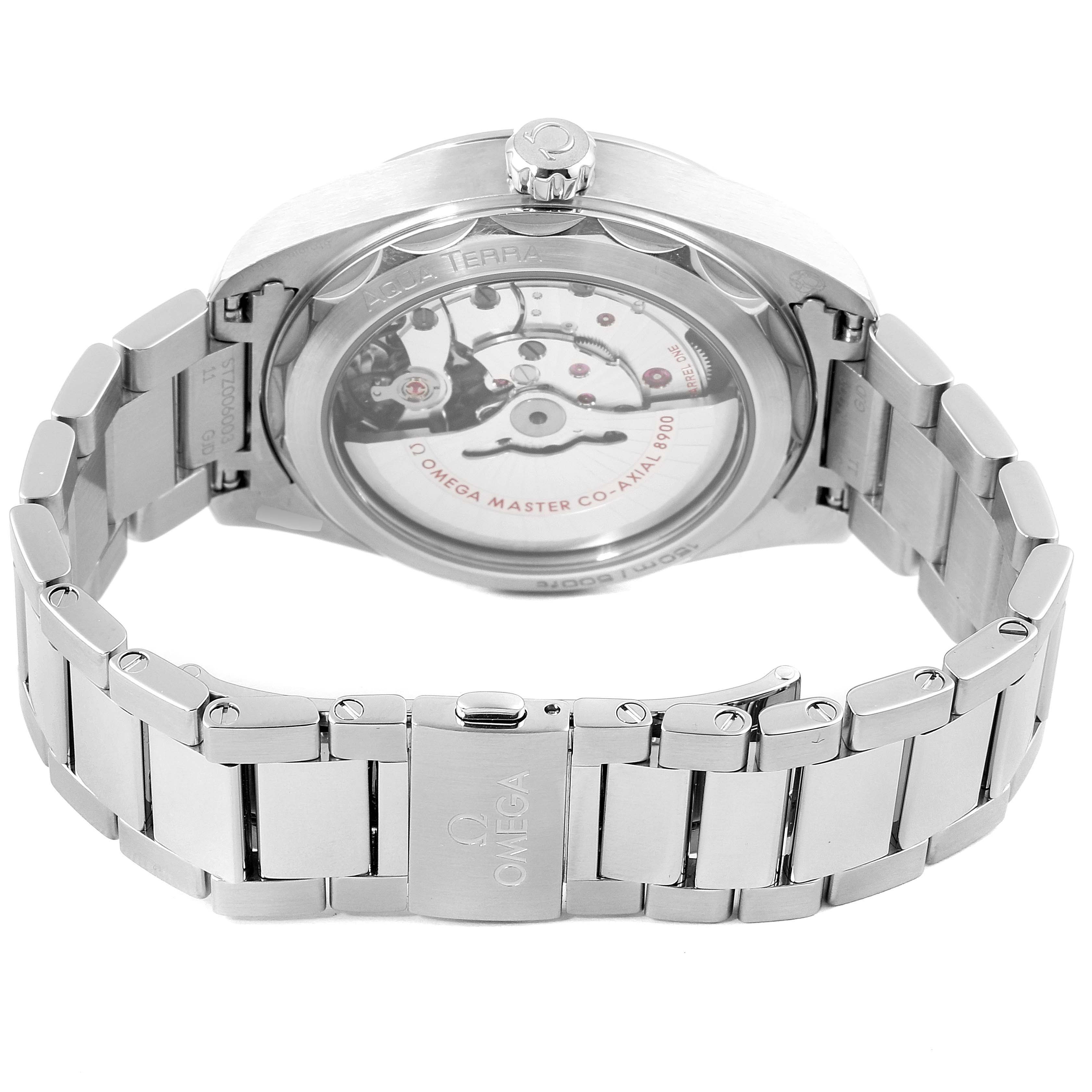 The image shows the back view of the Omega Aqua Terra 220.10.41.21.06.001 Men's Stainless Steel Grey Dial 220.10.41.21.06.001 Men's Stainless Steel Grey Dial watch highlighting its clasp and exposed movement.