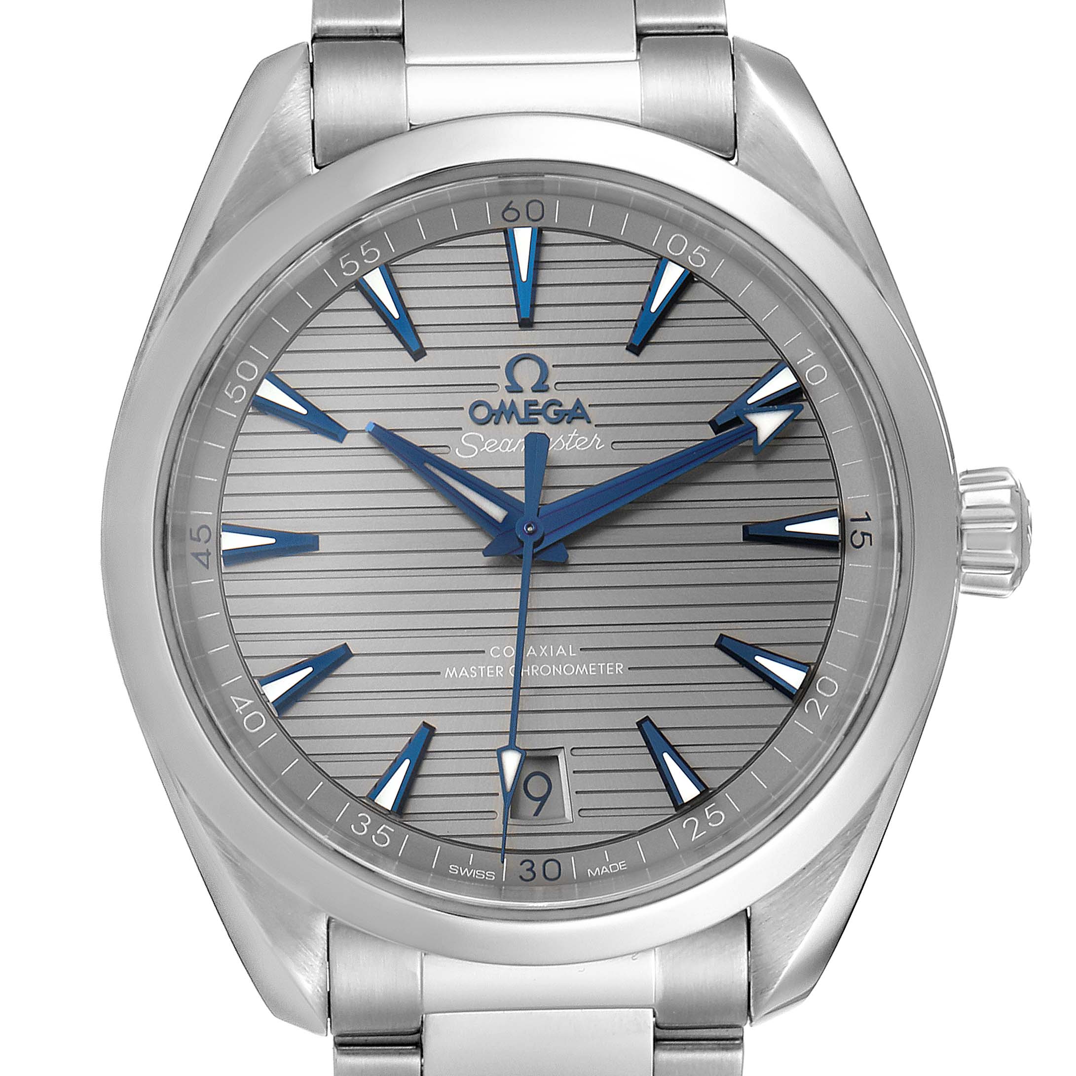 This image shows a front view of the Omega Aqua Terra 220.10.41.21.06.001 Men's Stainless Steel Grey Dial 220.10.41.21.06.001 Men's Stainless Steel Grey Dial watch displaying its dial, hands, case, and part of the bracelet.