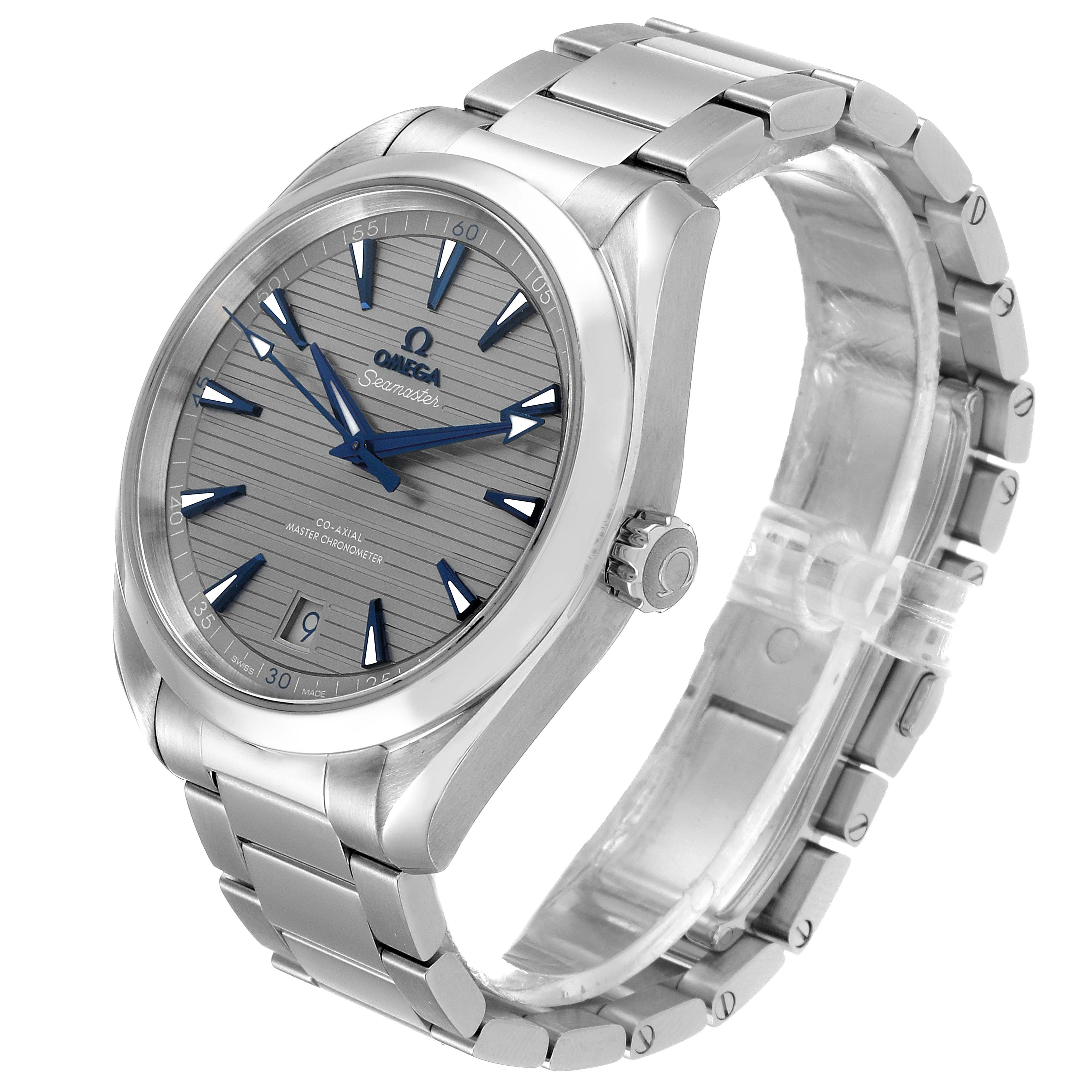 The Omega Aqua Terra 220.10.41.21.06.001 Men's Stainless Steel Grey Dial 220.10.41.21.06.001 Men's Stainless Steel Grey Dial watch is shown at a three-quarter angle, highlighting its face, bracelet, and side crown.