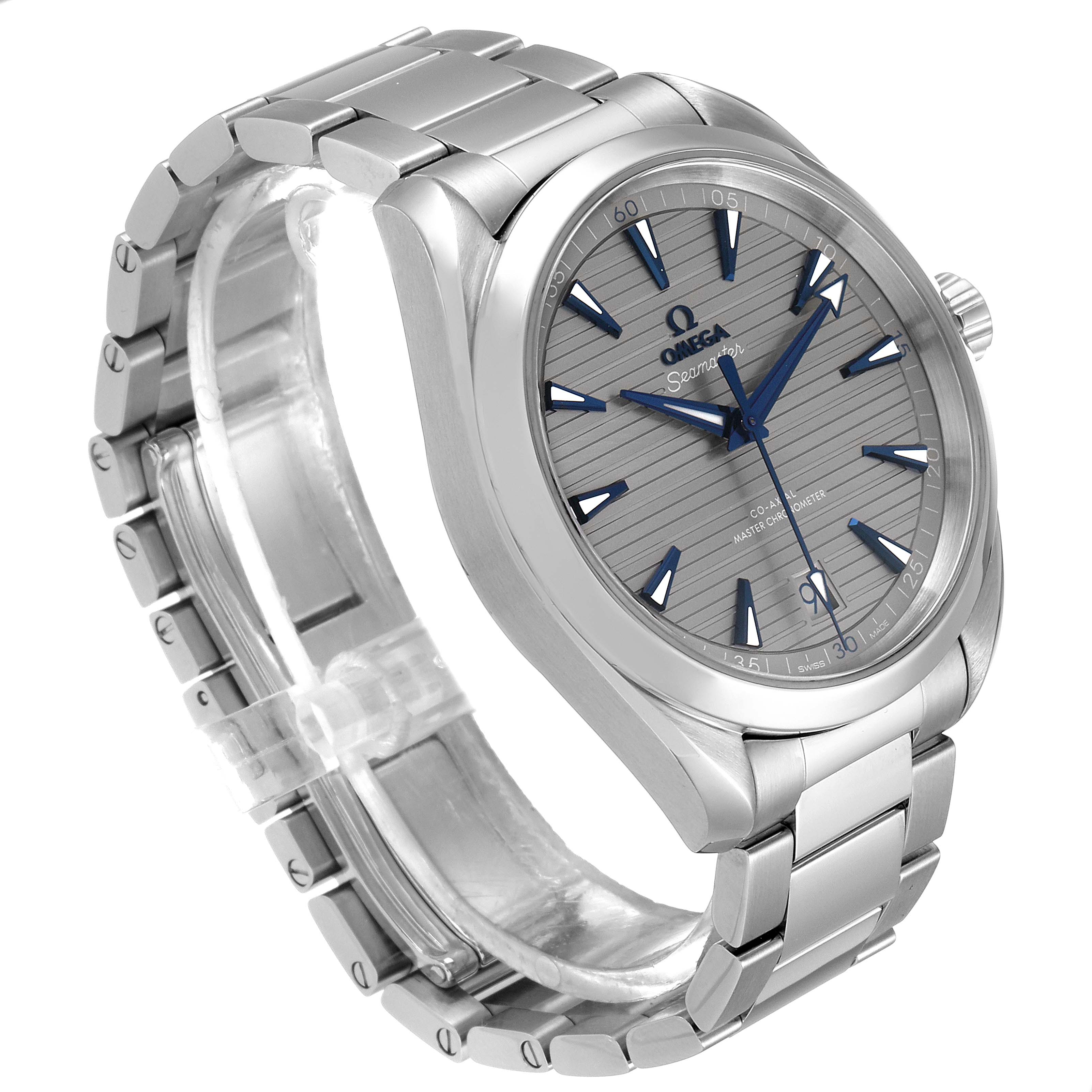 The image shows a slight side angle of the Omega Aqua Terra 220.10.41.21.06.001 Men's Stainless Steel Grey Dial 220.10.41.21.06.001 Men's Stainless Steel Grey Dial model, clearly displaying its face, dial, and metal bracelet.