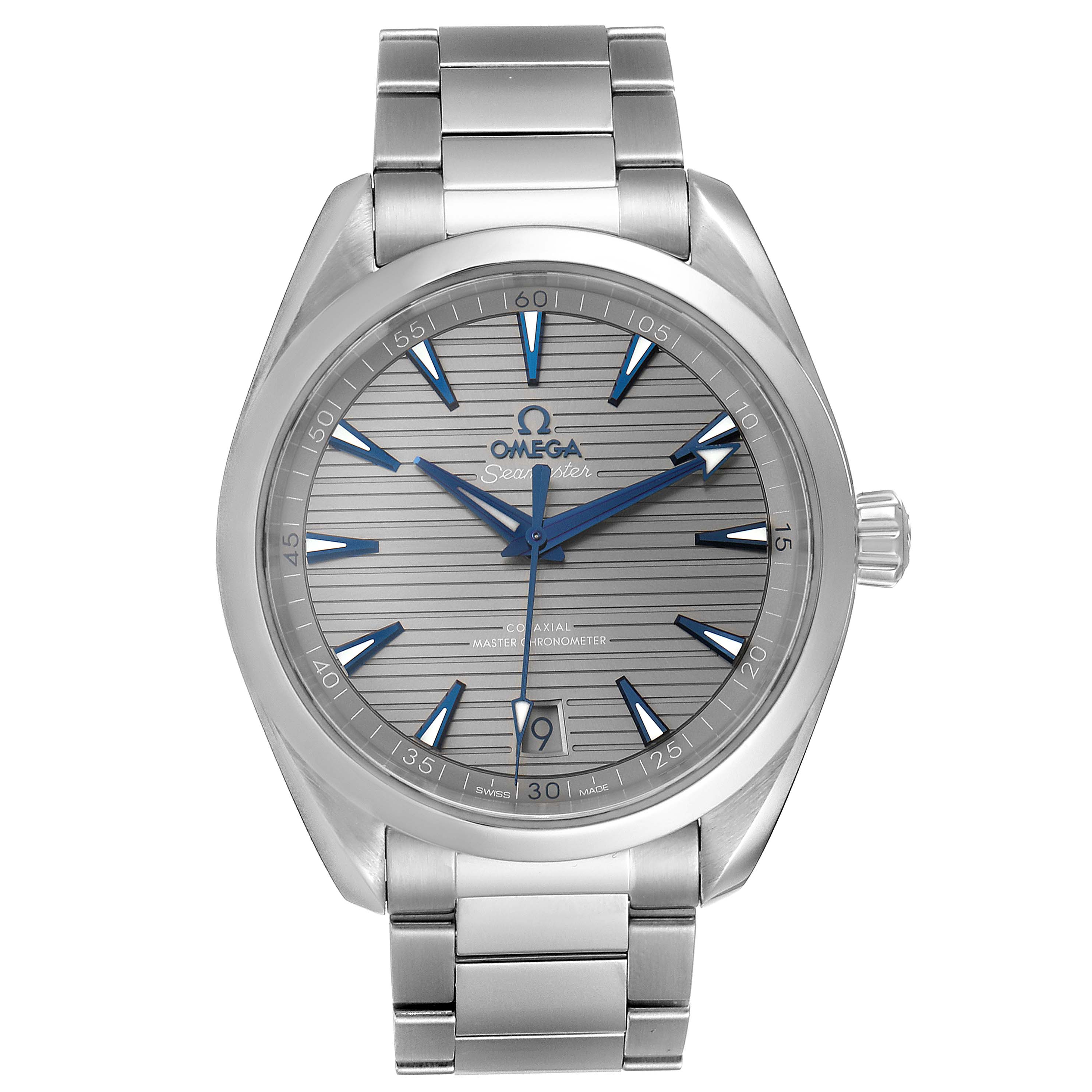 The image shows a front view of an Omega Seamaster Aqua Terra watch with a stainless steel bracelet and a grey dial.