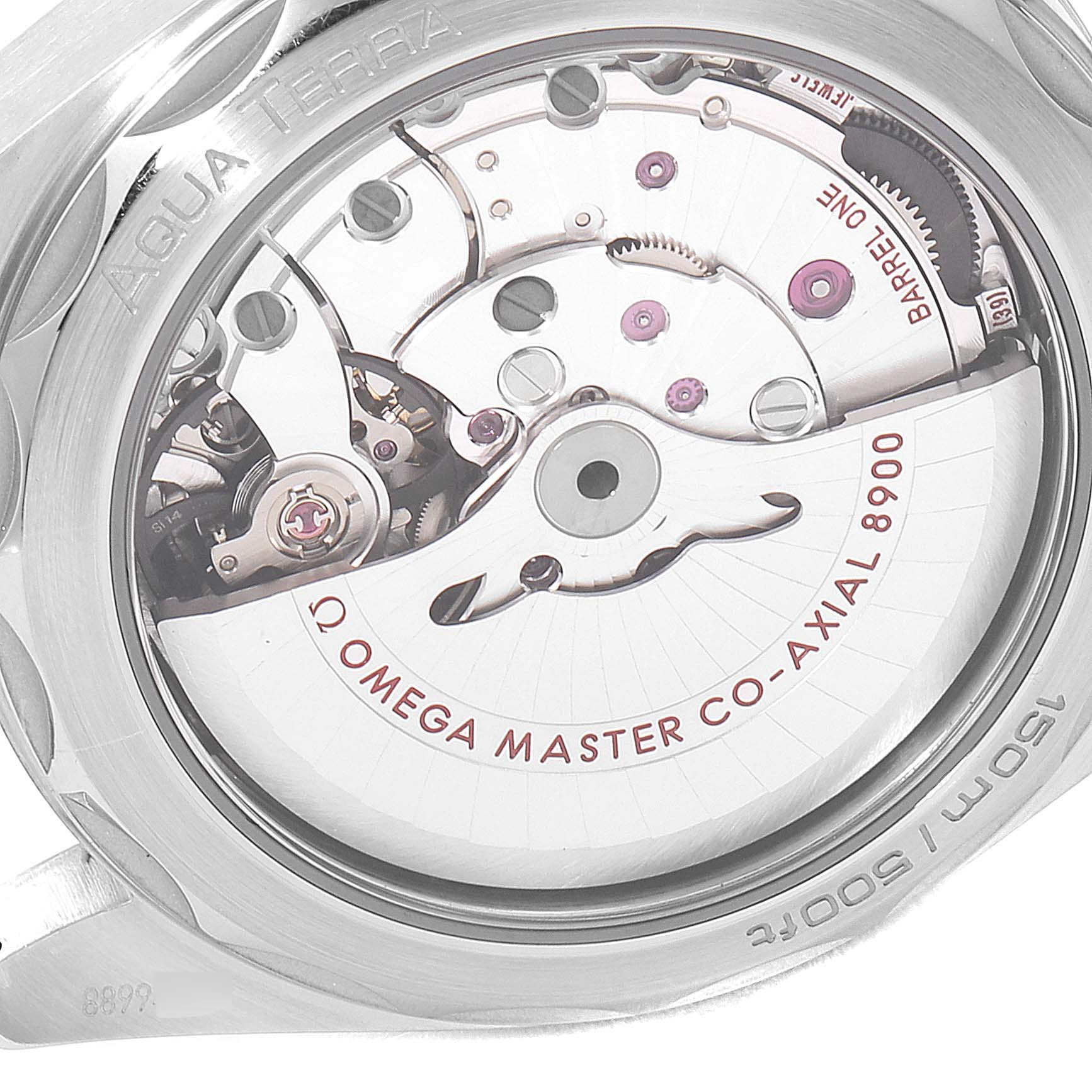 The image shows the back of an Omega Aqua Terra 220.10.41.21.06.001 Men's Stainless Steel Grey Dial 220.10.41.21.06.001 Men's Stainless Steel Grey Dial watch, highlighting the movement mechanism and "Omega Master Co-Axial 8900" engraving.