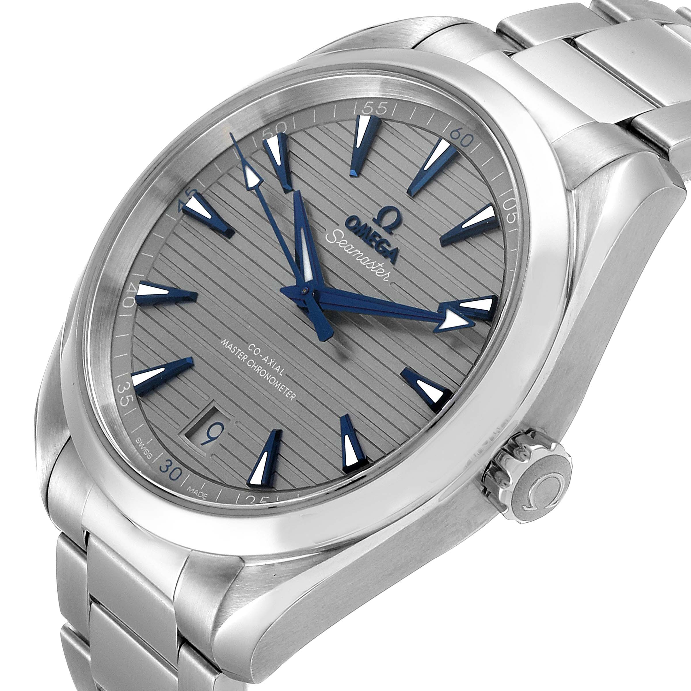 The image shows the Omega Aqua Terra 220.10.41.21.06.001 Men's Stainless Steel Grey Dial 220.10.41.21.06.001 Men's Stainless Steel Grey Dial watch from an oblique angle, highlighting the dial, crown, and part of the bracelet.