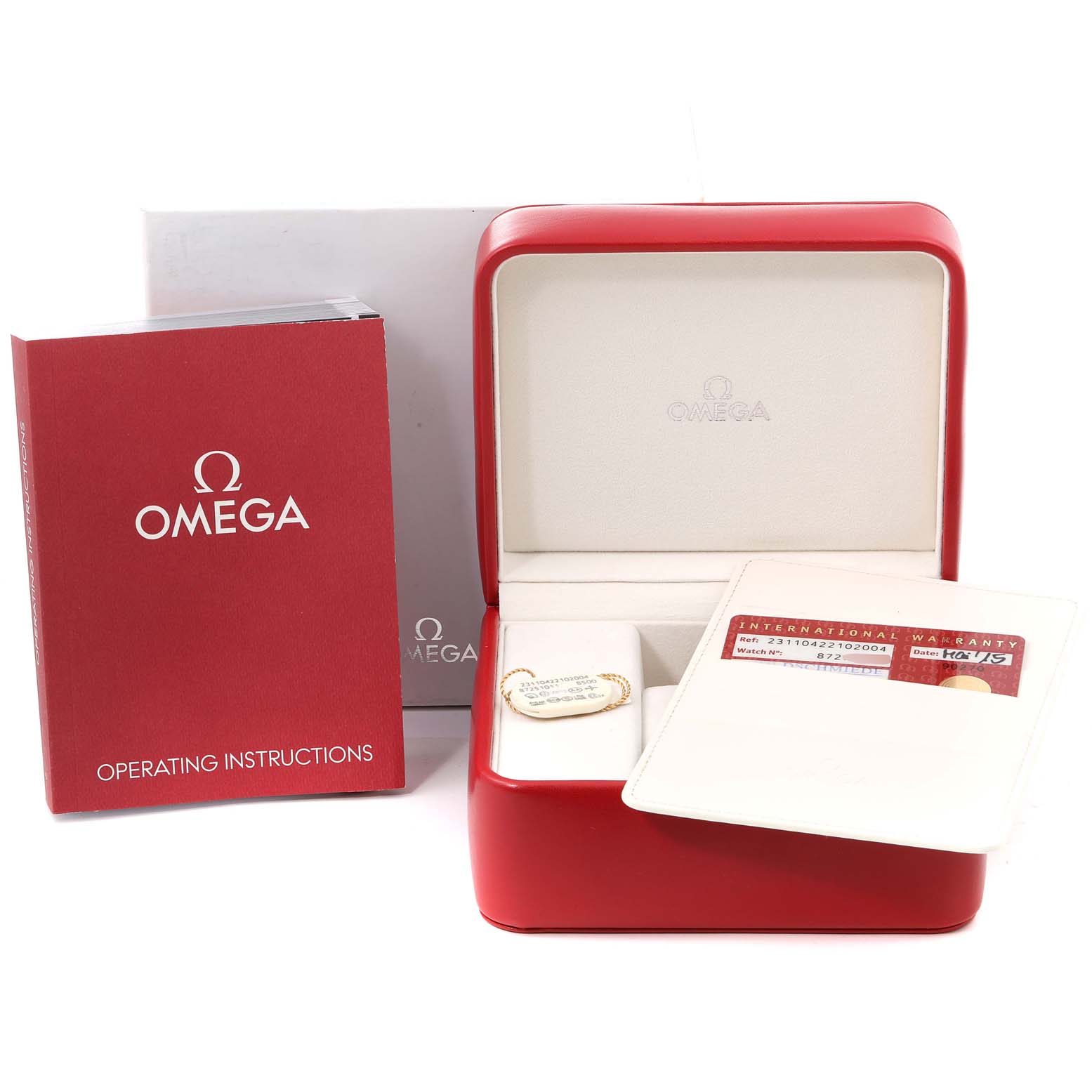 The image shows the open box, operating instructions, and warranty card of an Omega Aqua Terra 231.10.42.21.02.004 Men's Stainless Steel Silver Dial 231.10.42.21.02.004 Men's Stainless Steel Silver Dial watch.
