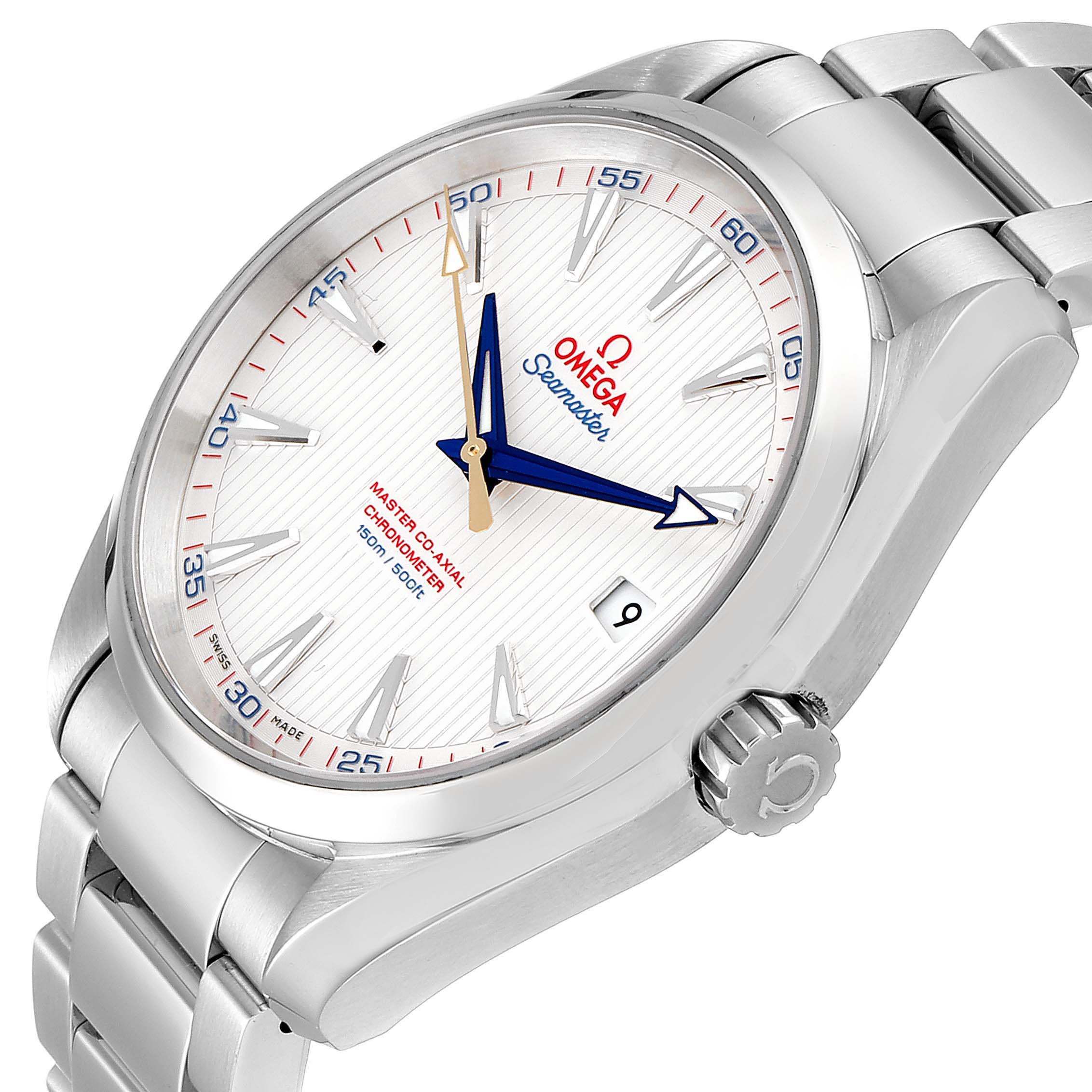 The Omega Aqua Terra 231.10.42.21.02.004 Men's Stainless Steel Silver Dial 231.10.42.21.02.004 Men's Stainless Steel Silver Dial watch is shown at an angled close-up, highlighting its dial, hands, and bracelet.