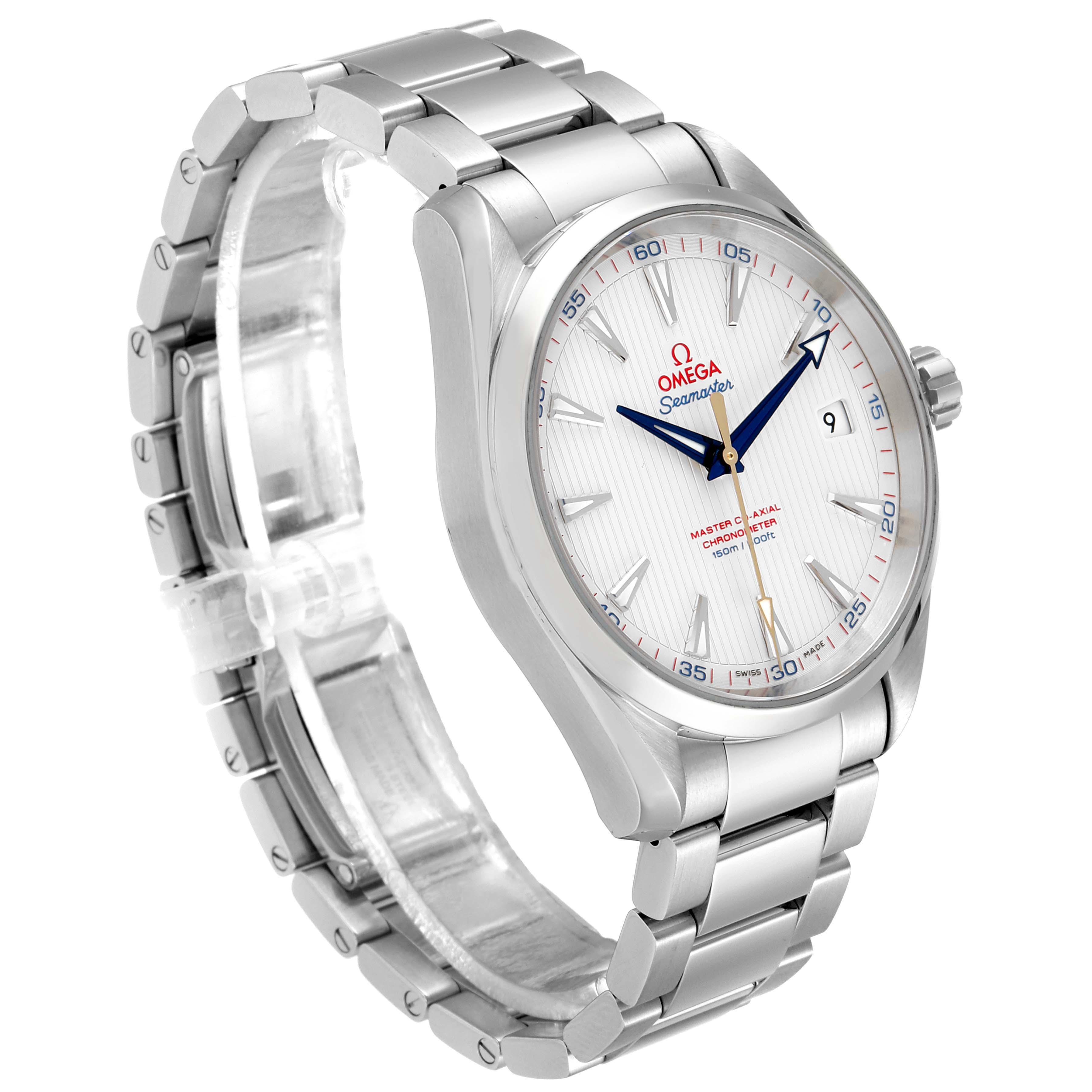 This image shows an Omega Seamaster Aqua Terra watch at a three-quarter angle, displaying the bracelet and face with its bezel.