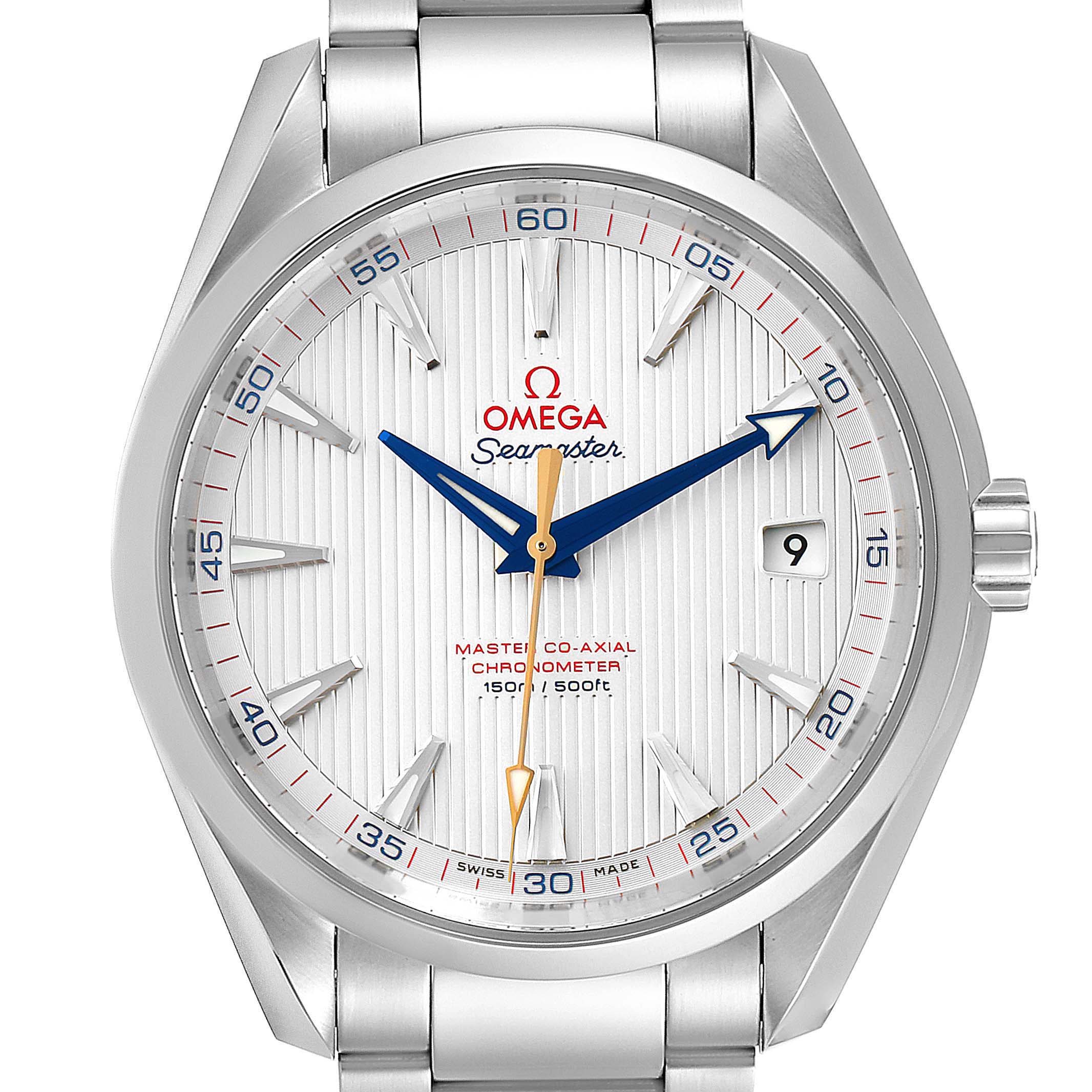 This image shows the front view of an Omega Aqua Terra 231.10.42.21.02.004 Men's Stainless Steel Silver Dial 231.10.42.21.02.004 Men's Stainless Steel Silver Dial Seamaster watch, displaying its dial, hands, and bracelet.