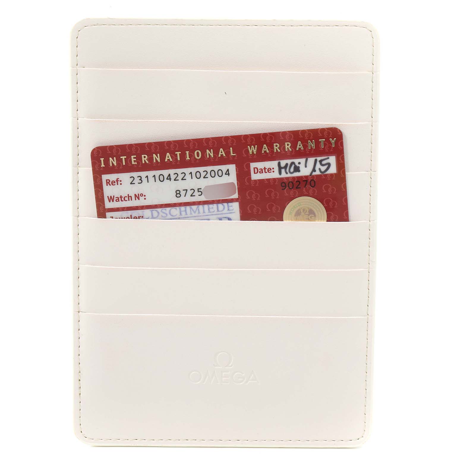 This image shows an Omega Aqua Terra 231.10.42.21.02.004 Men's Stainless Steel Silver Dial 231.10.42.21.02.004 Men's Stainless Steel Silver Dial model warranty card inside a cream-colored cardholder from a frontal angle.