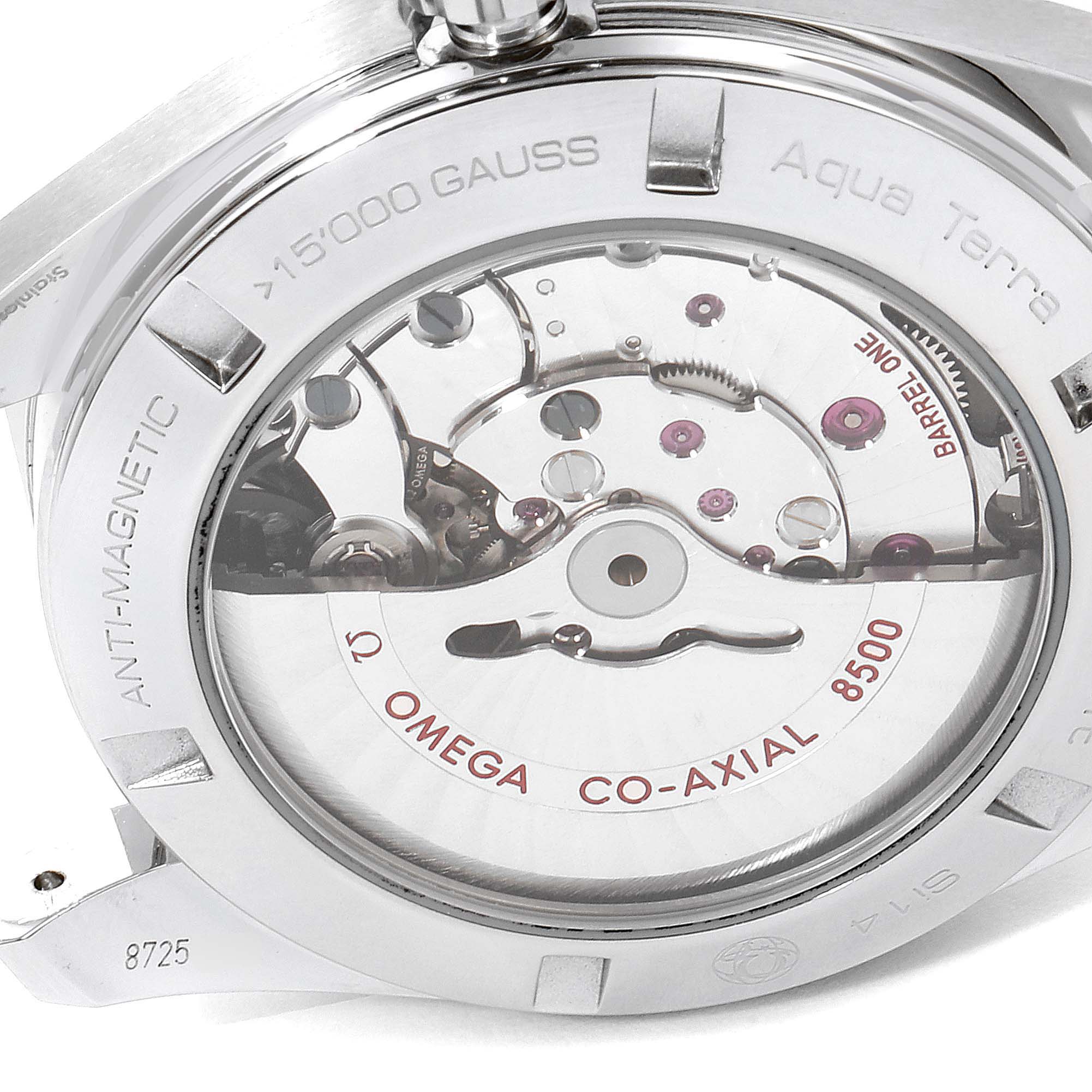 The image shows the back of the Omega Aqua Terra 231.10.42.21.02.004 Men's Stainless Steel Silver Dial 231.10.42.21.02.004 Men's Stainless Steel Silver Dial watch, revealing its co-axial mechanical movement and anti-magnetic features.