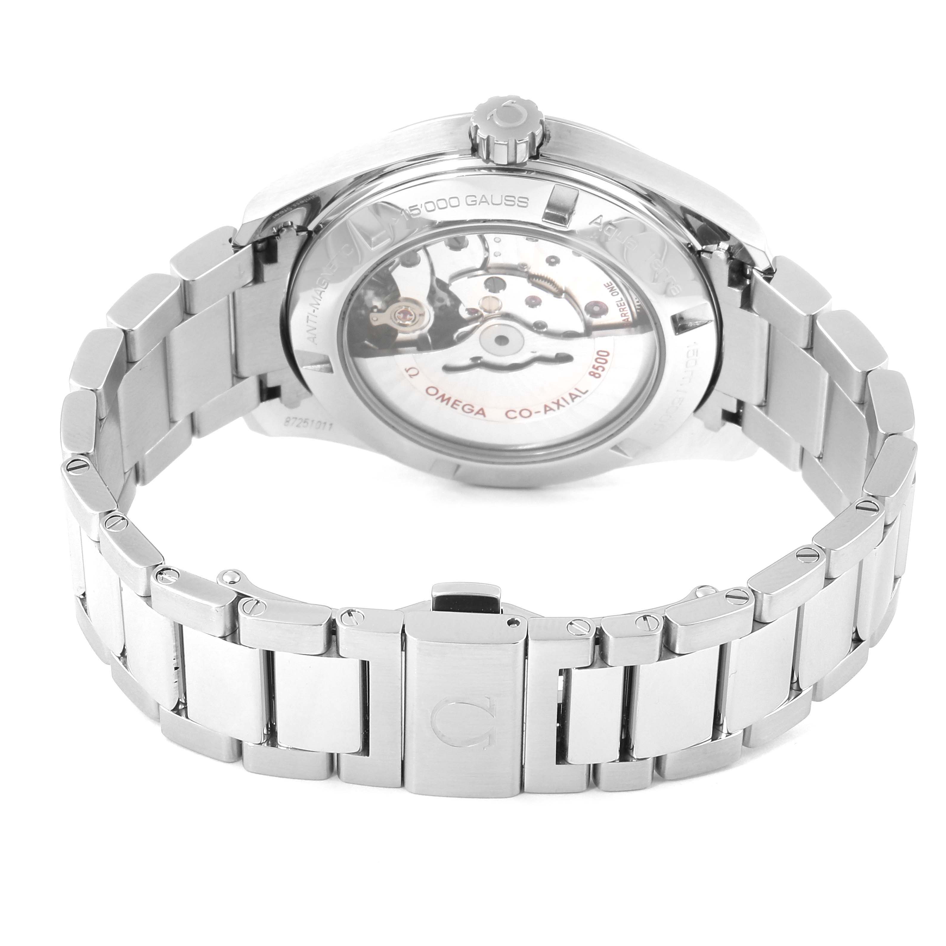 The image shows the back view and bracelet of an Omega Aqua Terra 231.10.42.21.02.004 Men's Stainless Steel Silver Dial 231.10.42.21.02.004 Men's Stainless Steel Silver Dial watch, highlighting its movement and clasp.