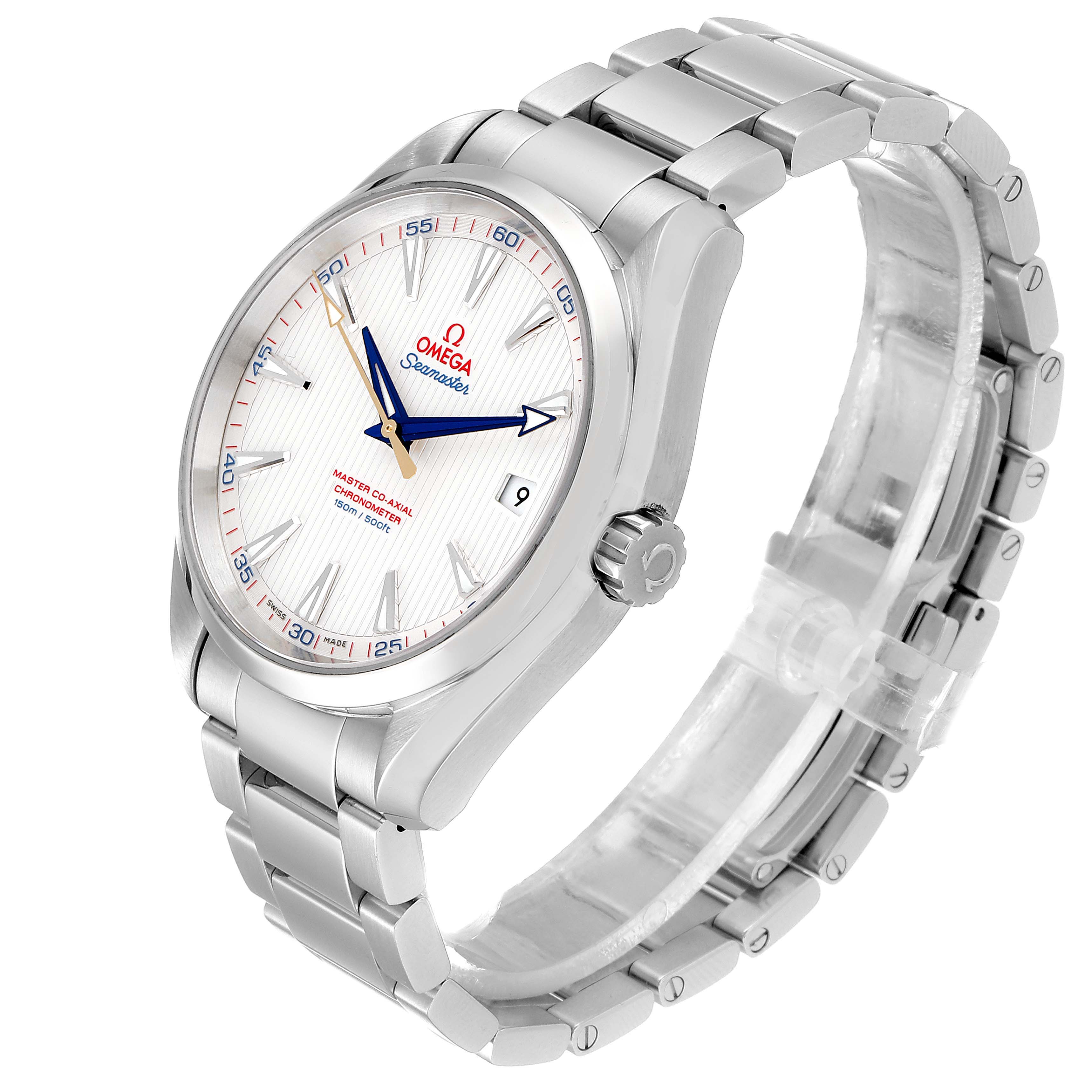 The Omega Aqua Terra 231.10.42.21.02.004 Men's Stainless Steel Silver Dial 231.10.42.21.02.004 Men's Stainless Steel Silver Dial watch is shown at a three-quarter angle highlighting the face, bracelet, and side crown.