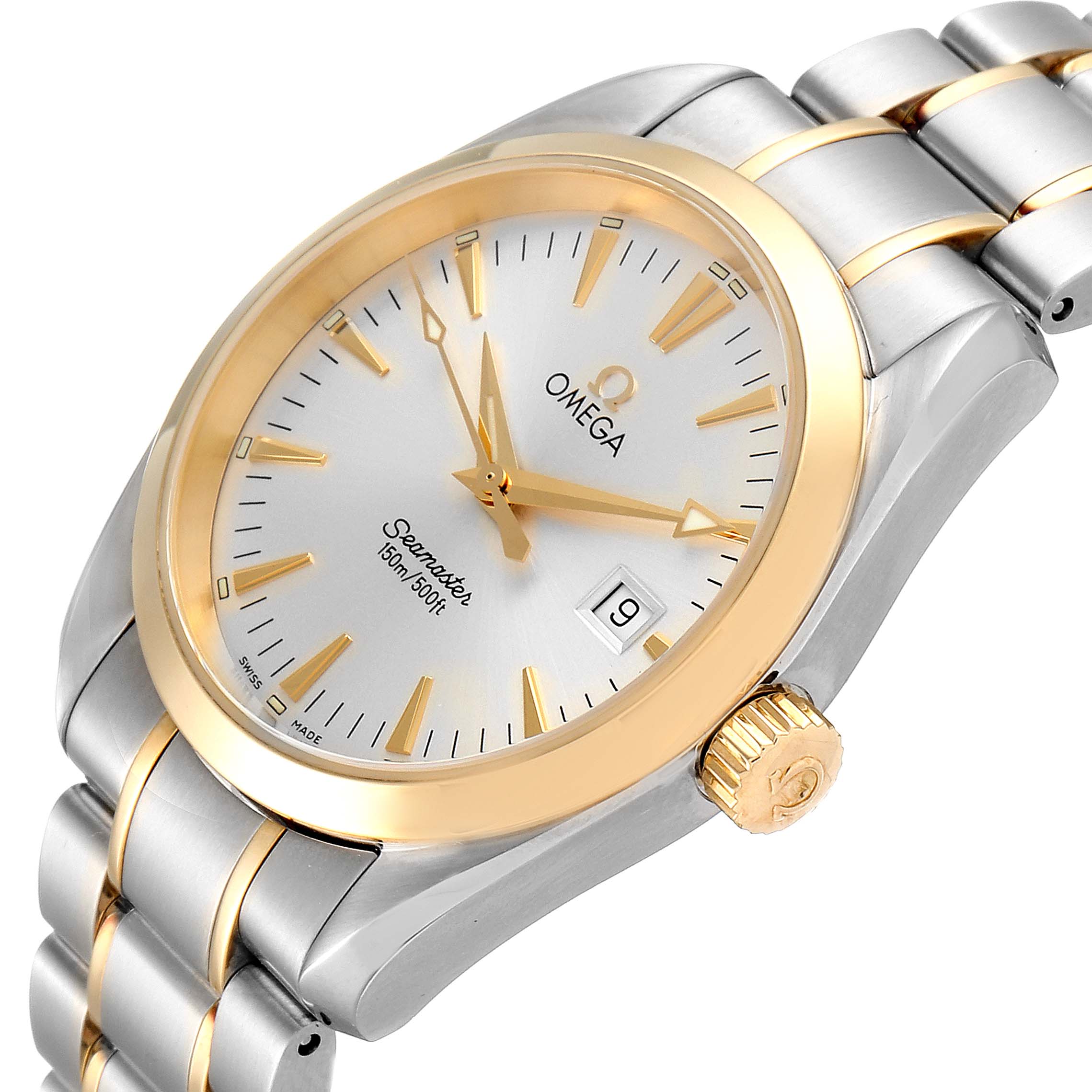 The image shows an Omega Aqua Terra 2318.30.00 Men's Steel and Gold (two tone) Silver Dial 2318.30.00 Men's Steel and Gold (two tone) Silver Dial watch from an oblique angle, highlighting the dial, bezel, bracelet, and crown.