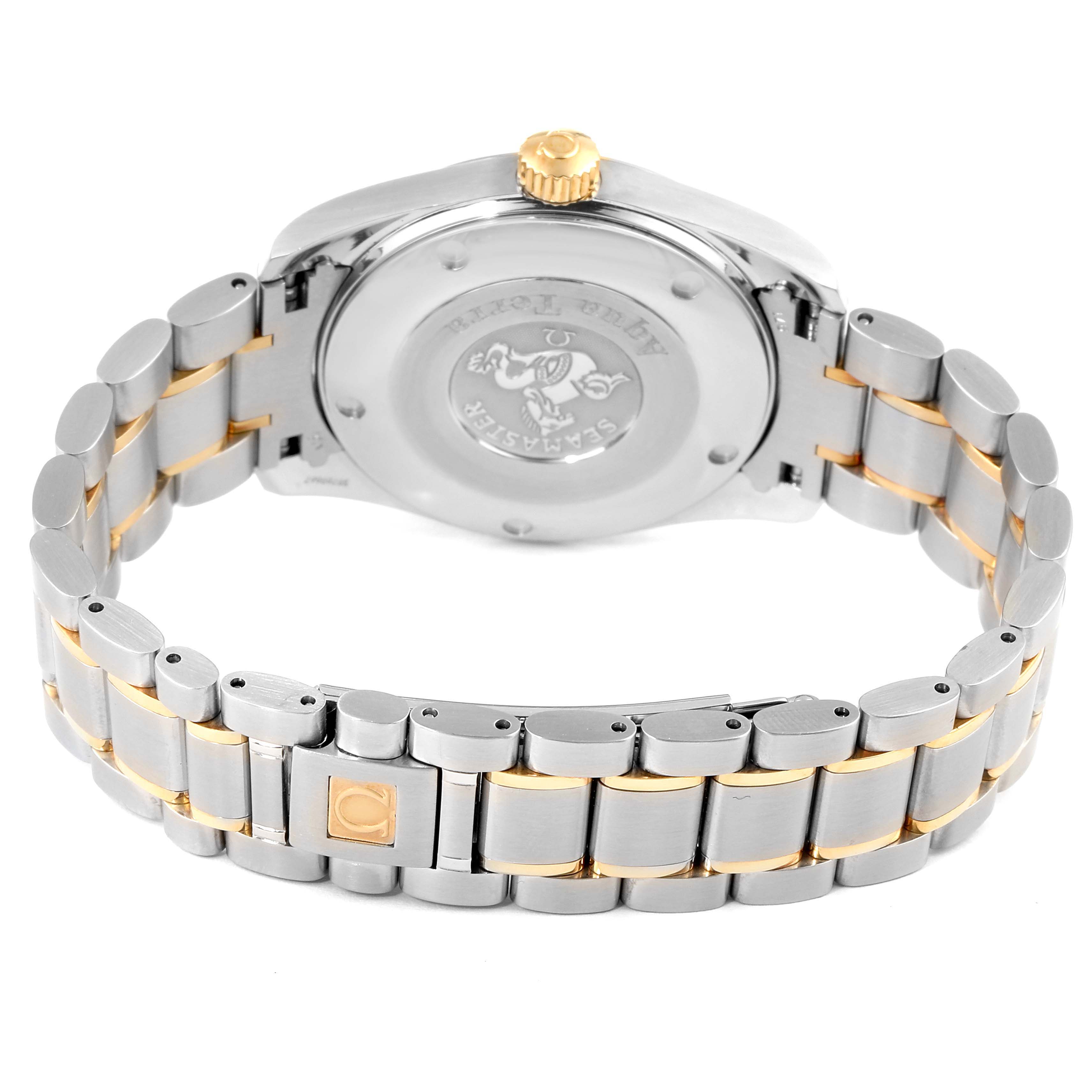 The image shows the back case and bracelet of an Omega Aqua Terra 2318.30.00 Men's Steel and Gold (two tone) Silver Dial 2318.30.00 Men's Steel and Gold (two tone) Silver Dial watch, highlighting the stainless steel and gold design.