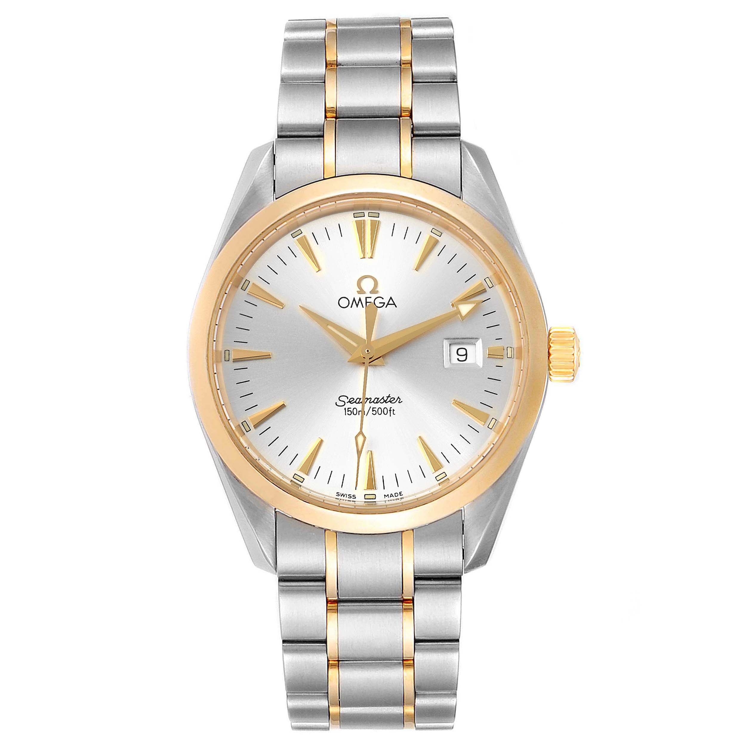 This image shows a front view of an Omega Aqua Terra 2318.30.00 Men's Steel and Gold (two tone) Silver Dial 2318.30.00 Men's Steel and Gold (two tone) Silver Dial watch, featuring the dial, hands, bezel, and bracelet.