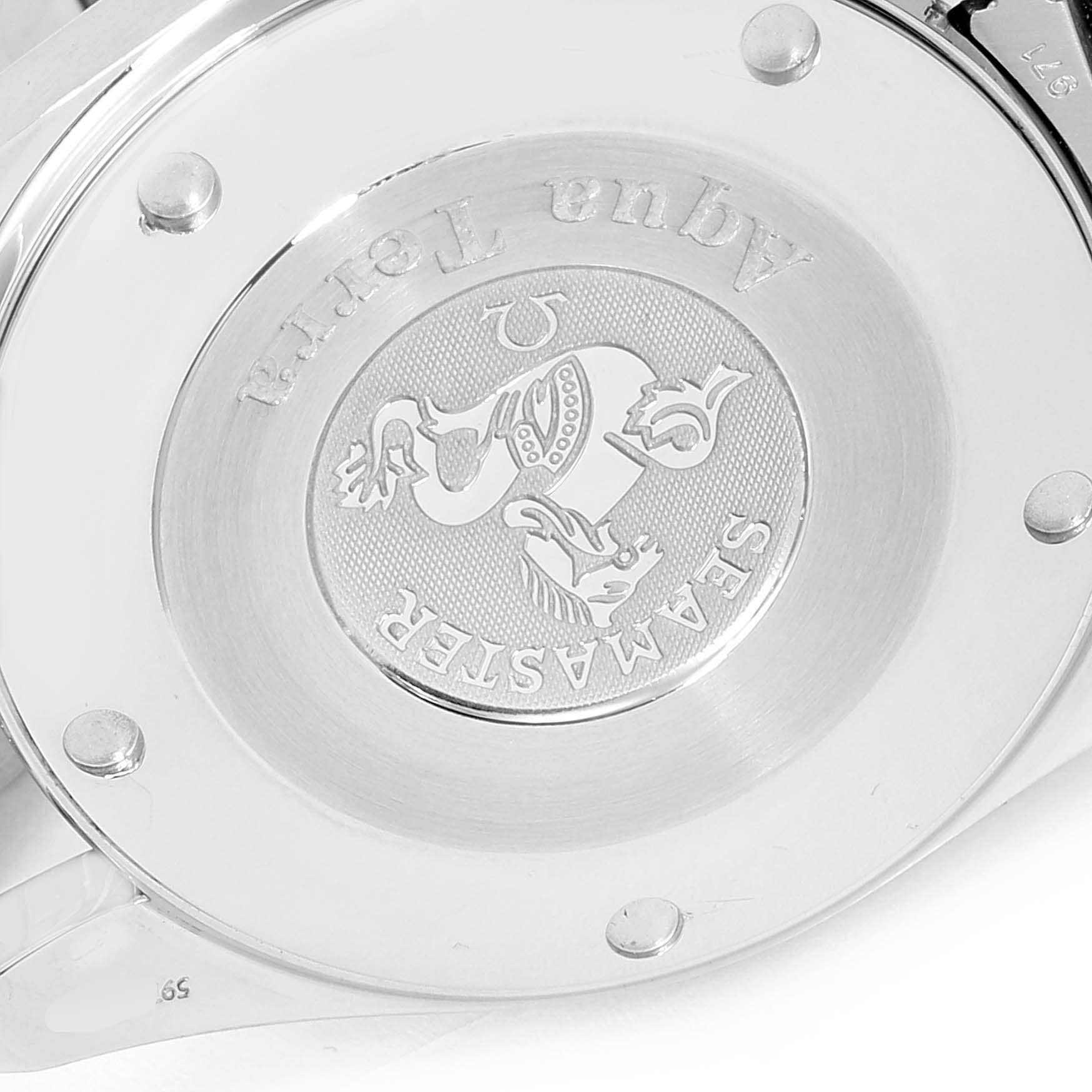 This is an image of the back case of the Omega Aqua Terra 2318.30.00 Men's Steel and Gold (two tone) Silver Dial 2318.30.00 Men's Steel and Gold (two tone) Silver Dial watch, showing the Seamaster engraving and logo.