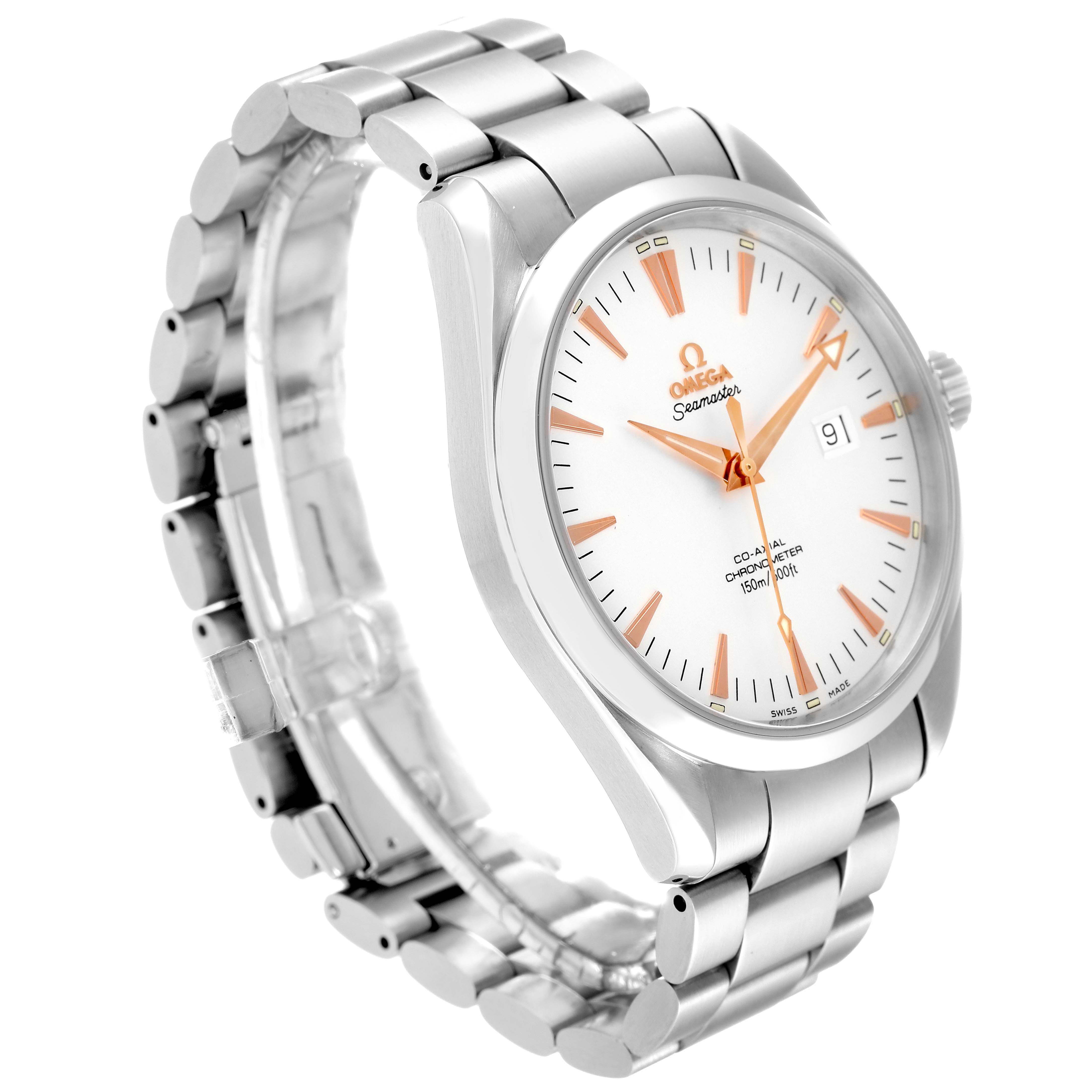 The image shows the Omega Aqua Terra 2502.34.00 Men
s Stainless Steel Silver Dial 2502.34.00 Men
s Stainless Steel Silver Dial watch at a 3/4 angle, highlighting the face, bracelet, and case.