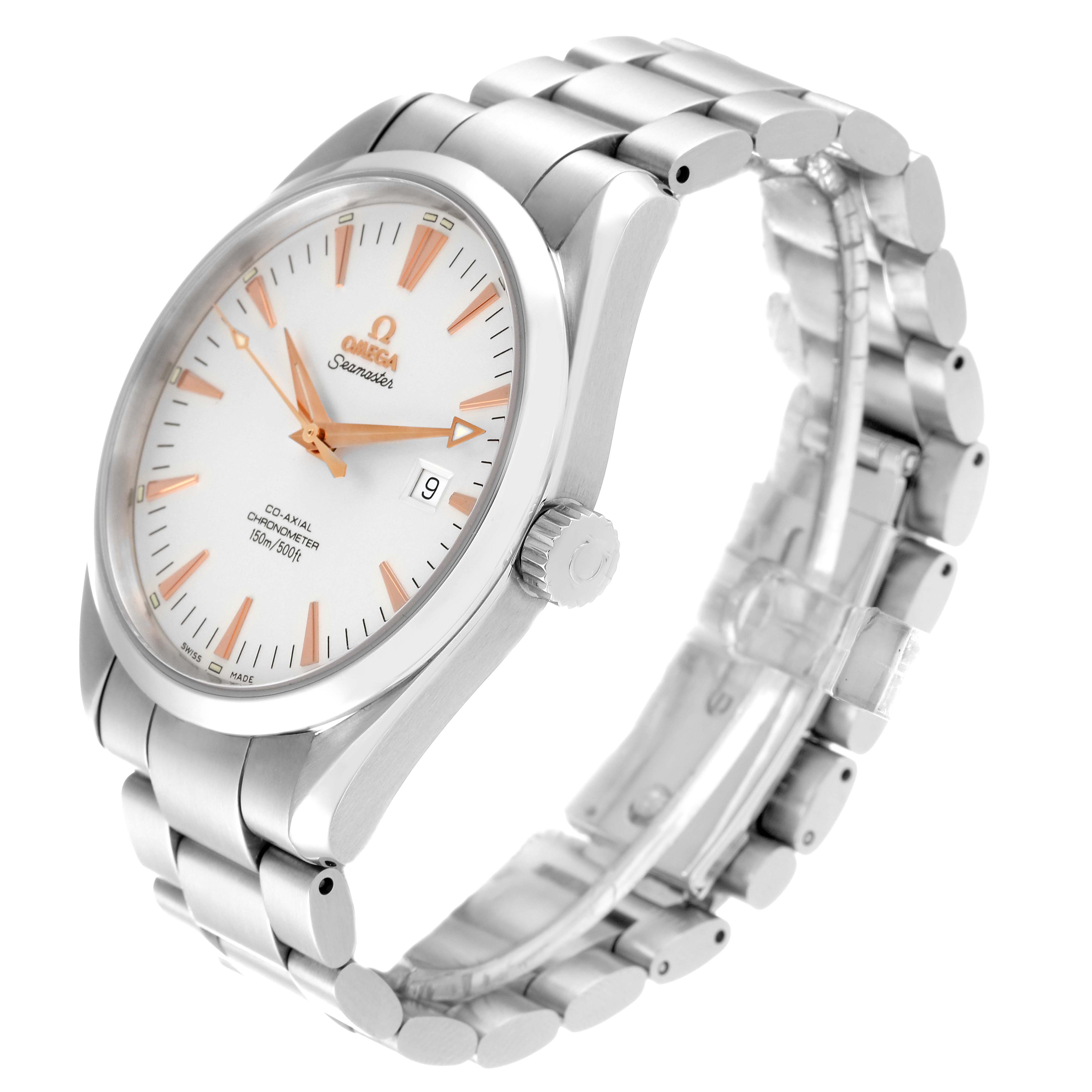 The image shows the front and side view of the Omega Aqua Terra 2502.34.00 Men
s Stainless Steel Silver Dial 2502.34.00 Men
s Stainless Steel Silver Dial watch, highlighting its face, crown, and bracelet.