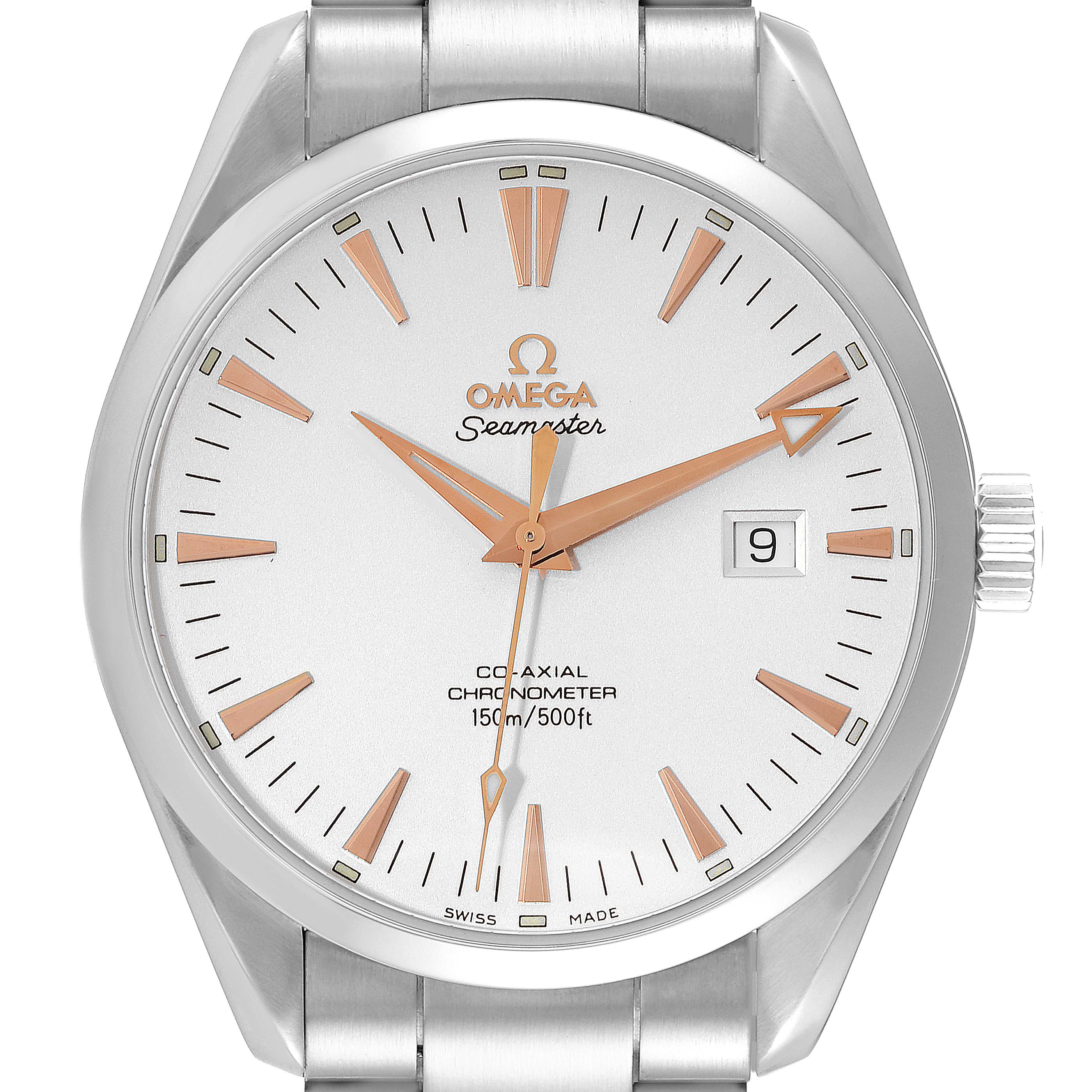 The Omega Aqua Terra 2502.34.00 Men
s Stainless Steel Silver Dial 2502.34.00 Men
s Stainless Steel Silver Dial watch is shown from a front angle, displaying its face, hands, date window, and part of the metal strap.