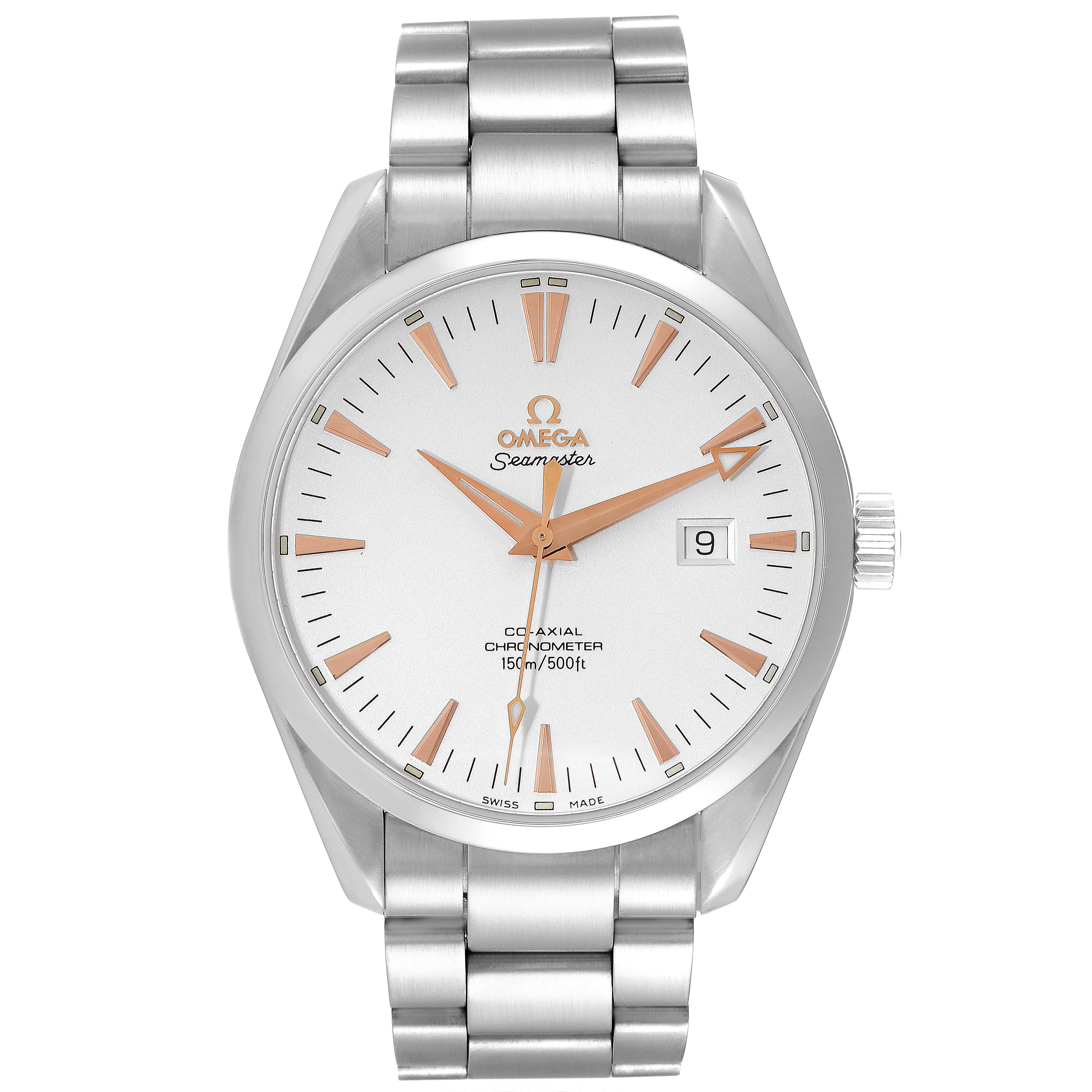 This image showcases the front view of the Omega Seamaster Aqua Terra watch, displaying its face, bezel, crown, and bracelet.