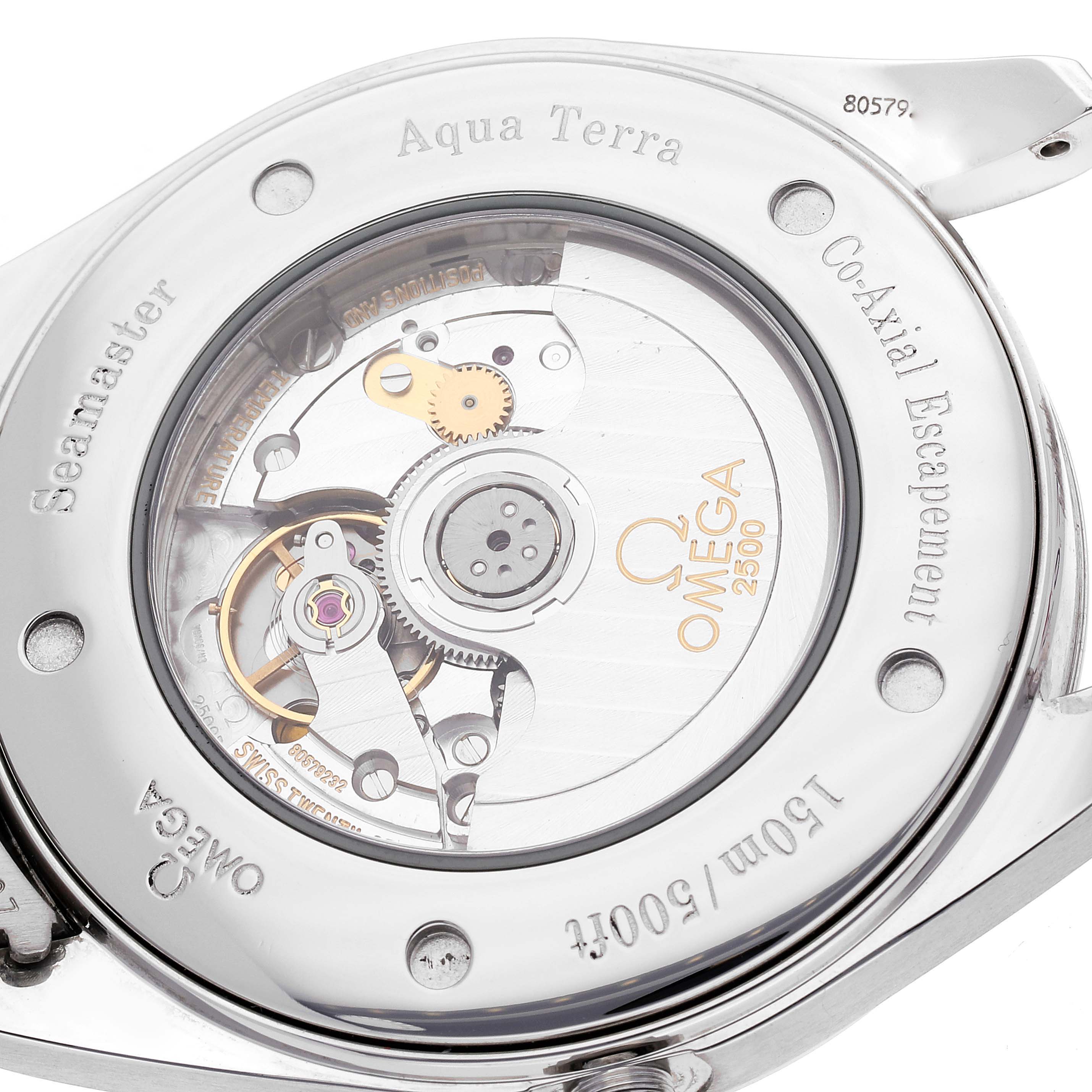 This is an Omega Aqua Terra 2502.34.00 Men
s Stainless Steel Silver Dial 2502.34.00 Men
s Stainless Steel Silver Dial watch showing a close-up of the back case and the Co-Axial escapement movement.