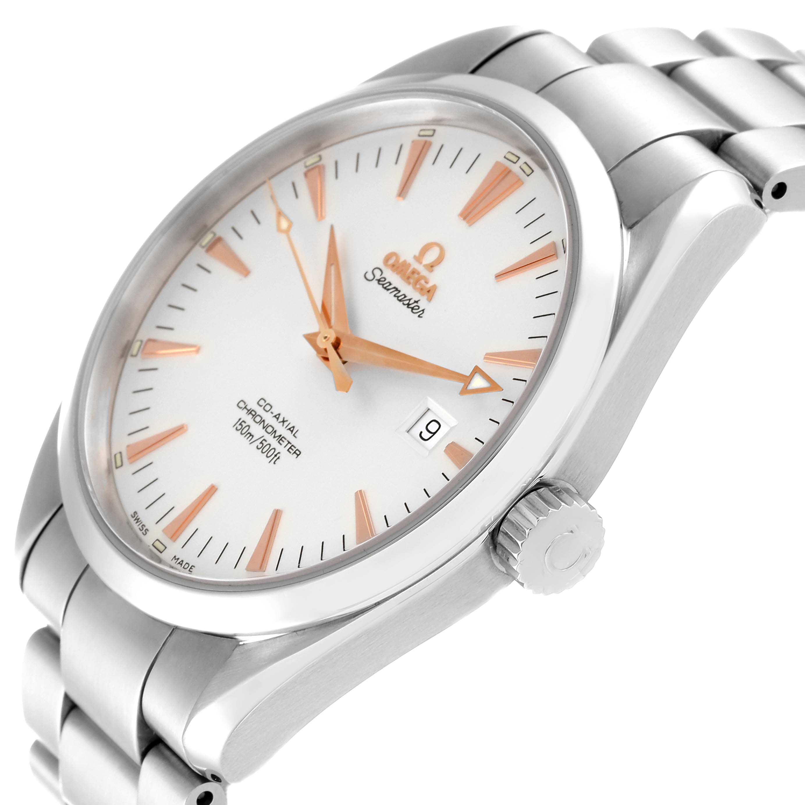 The image shows a side angle of an Omega Aqua Terra 2502.34.00 Men
s Stainless Steel Silver Dial 2502.34.00 Men
s Stainless Steel Silver Dial watch, highlighting the dial, hands, crown, and bracelet.