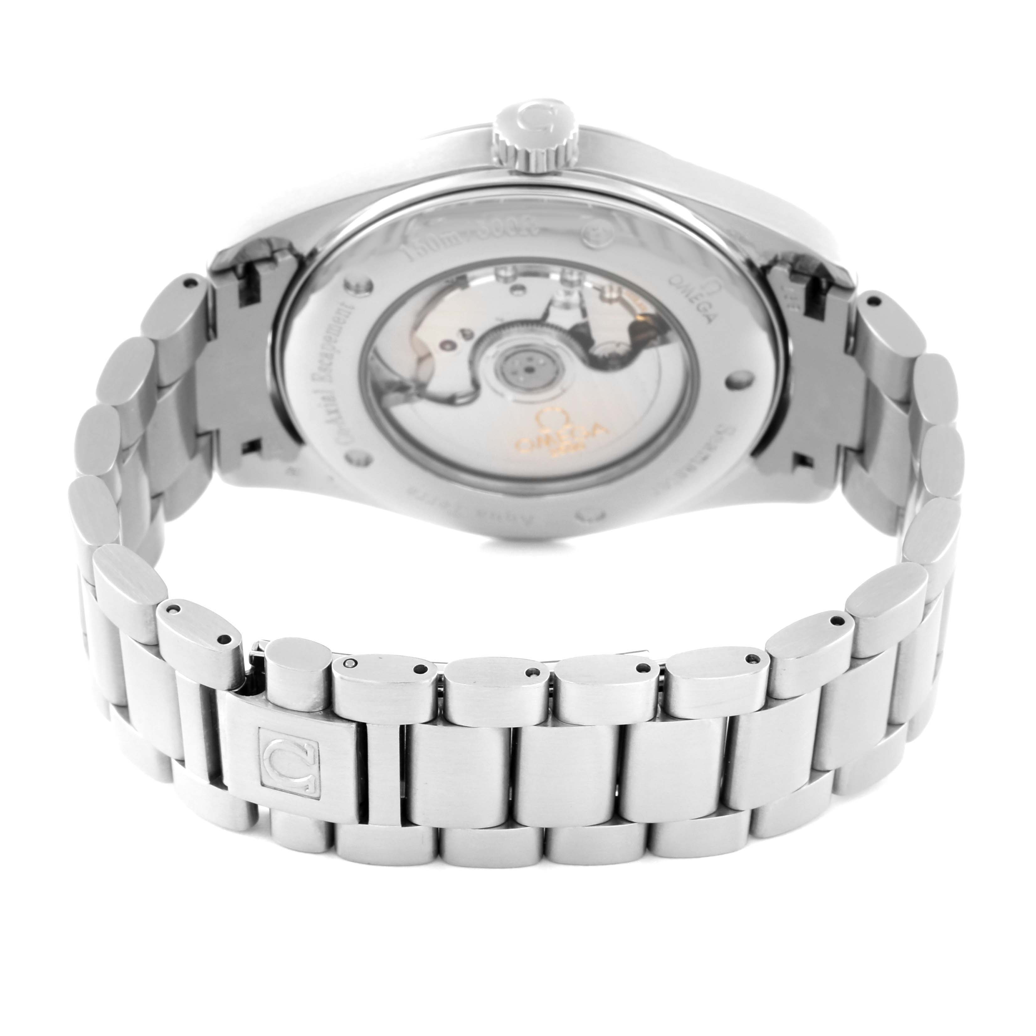 This image shows the back view of the Omega Aqua Terra 2502.34.00 Men
s Stainless Steel Silver Dial 2502.34.00 Men
s Stainless Steel Silver Dial watch, displaying its stainless steel bracelet and transparent case back.