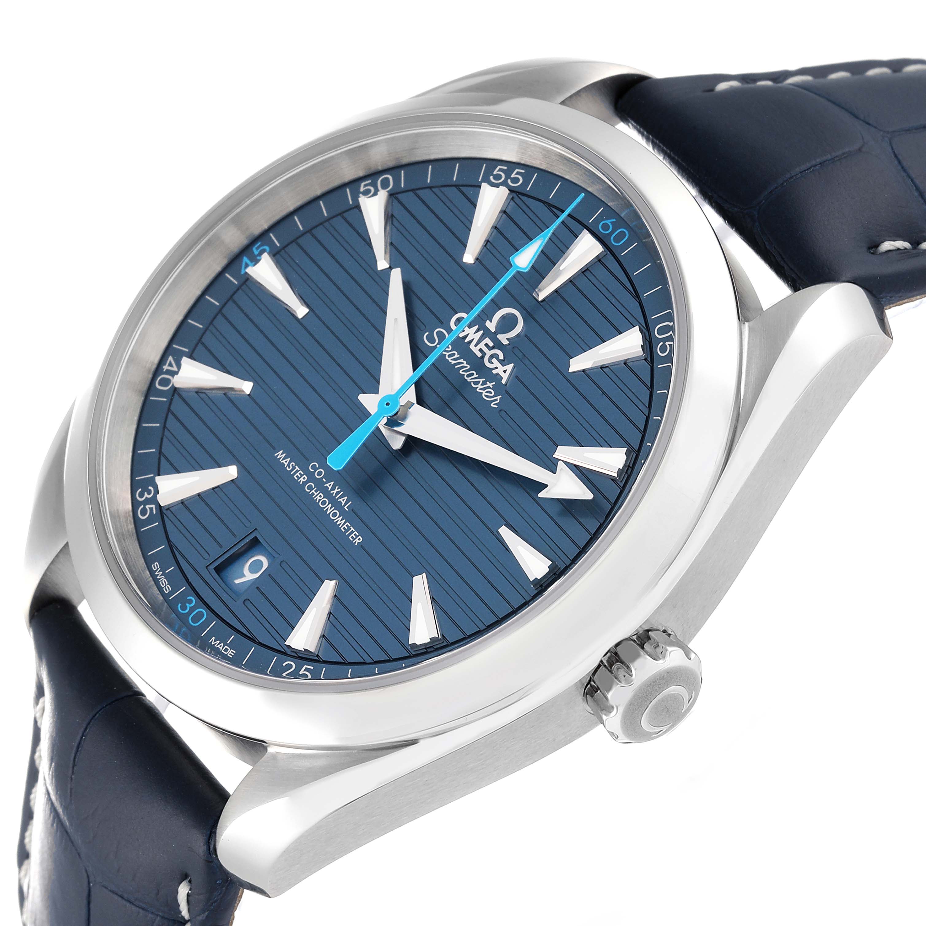 The image shows a side angle of the Omega Aqua Terra 220.13.41.21.03.002 Men's Stainless Steel Blue Dial 220.13.41.21.03.002 Men's Stainless Steel Blue Dial watch, highlighting its face, bezel, crown, and band.