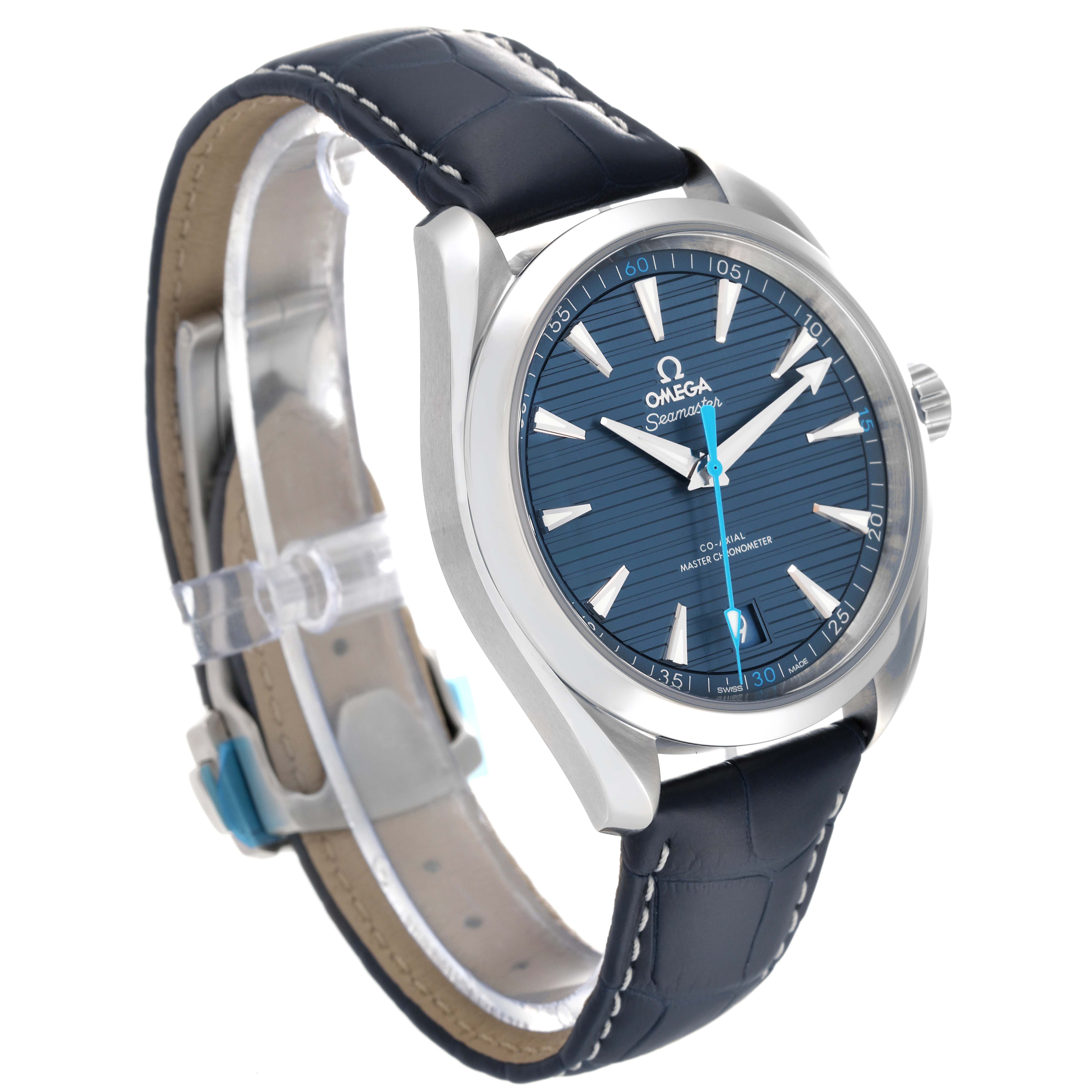 The Omega Aqua Terra 220.13.41.21.03.002 Men's Stainless Steel Blue Dial 220.13.41.21.03.002 Men's Stainless Steel Blue Dial watch is shown at a three-quarter angle, highlighting its face, bezel, case, and leather strap.
