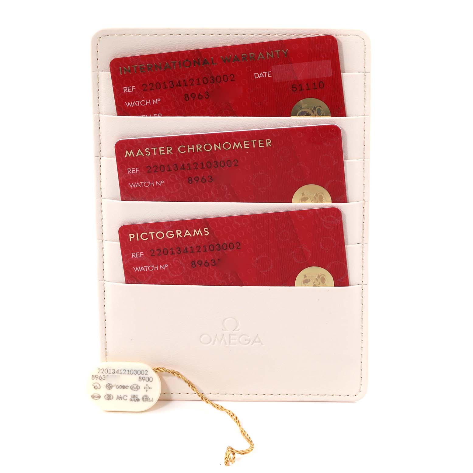 The image shows warranty, master chronometer, and pictogram cards for an Omega Aqua Terra 220.13.41.21.03.002 Men's Stainless Steel Blue Dial 220.13.41.21.03.002 Men's Stainless Steel Blue Dial watch in a cardholder.