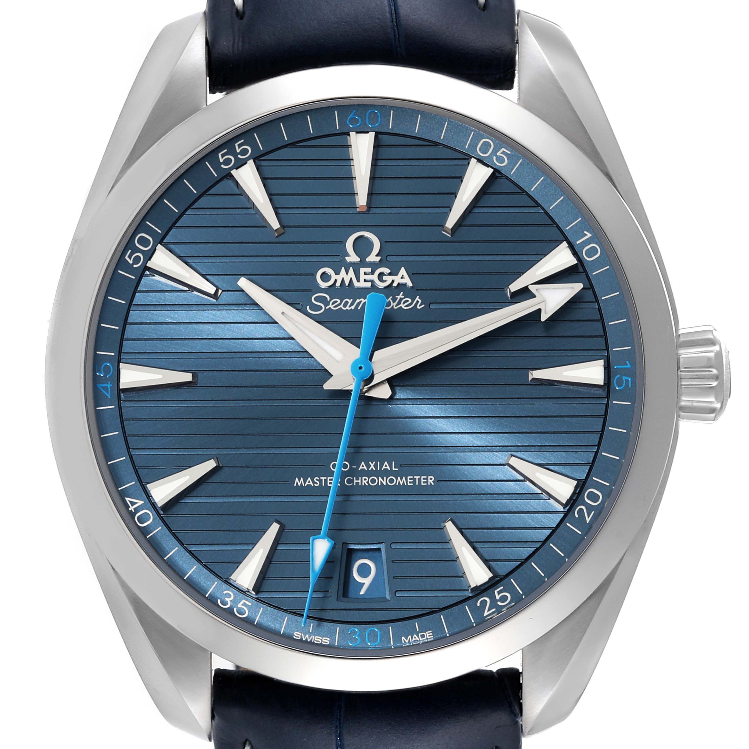 The image shows a front view of the Omega Aqua Terra 220.13.41.21.03.002 Men's Stainless Steel Blue Dial 220.13.41.21.03.002 Men's Stainless Steel Blue Dial model watch, highlighting the dial, hands, indices, date display, and bezel.