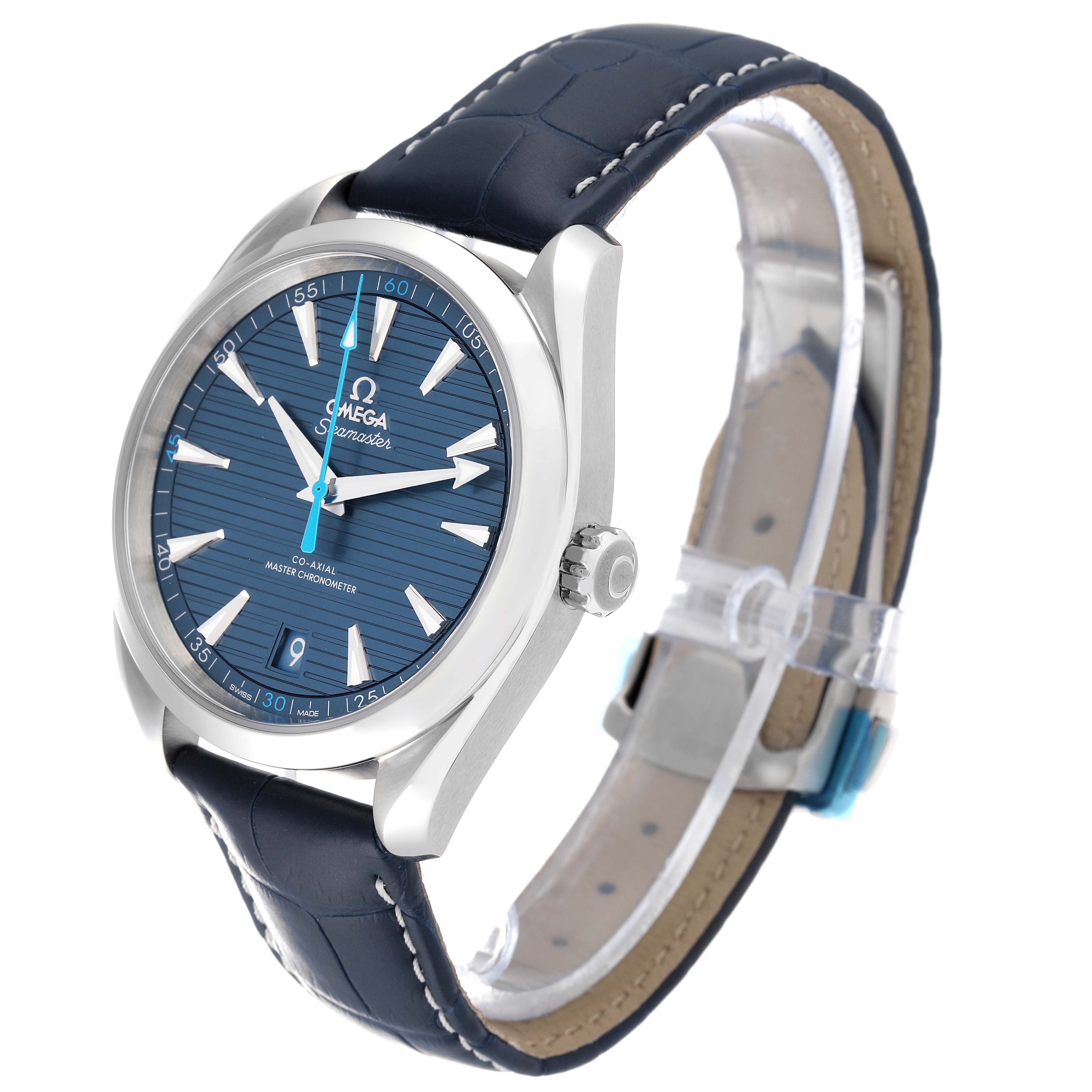 The Omega Aqua Terra 220.13.41.21.03.002 Men's Stainless Steel Blue Dial 220.13.41.21.03.002 Men's Stainless Steel Blue Dial watch is shown at a front-left angle, displaying its blue dial, silver case, crown, and blue leather strap.