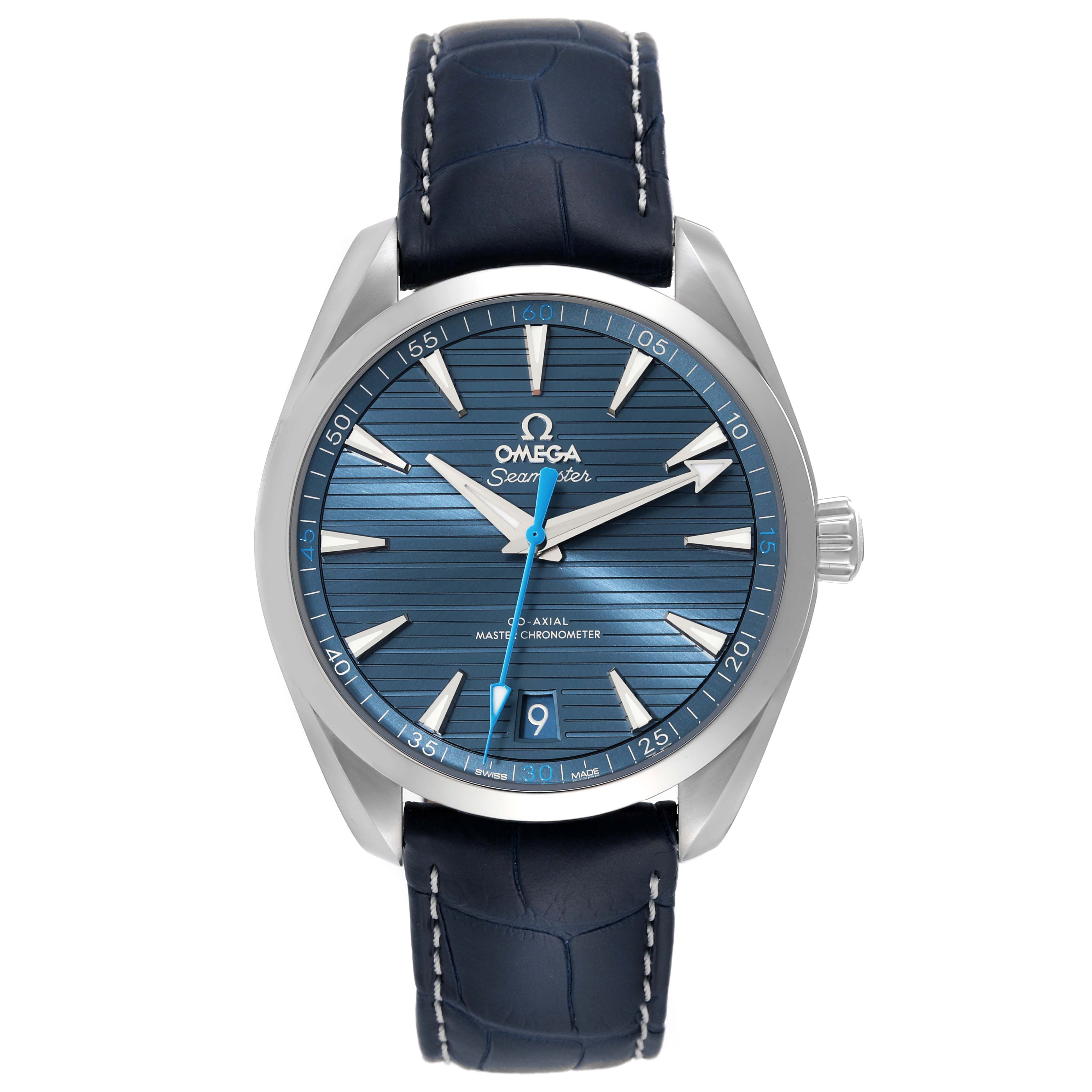 The image shows a frontal view of the Omega Aqua Terra 220.13.41.21.03.002 Men's Stainless Steel Blue Dial 220.13.41.21.03.002 Men's Stainless Steel Blue Dial watch, displaying the face, dial, and strap.