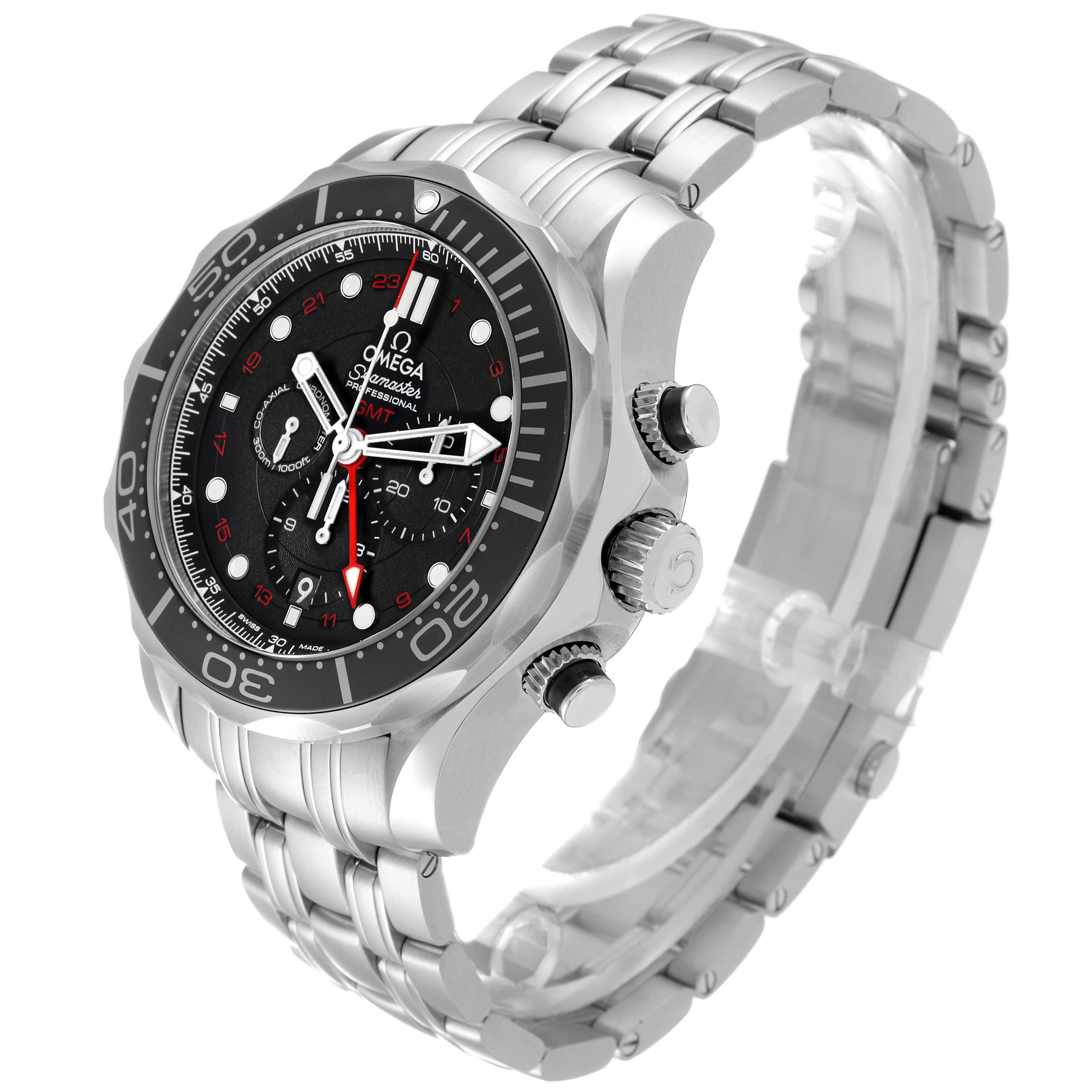 The Omega Seamaster 212.30.44.52.01.001 Men
s Stainless Steel Black Dial 212.30.44.52.01.001 Men
s Stainless Steel Black Dial watch is shown at a three-quarter angle highlighting the face, bezel, and stainless steel bracelet.