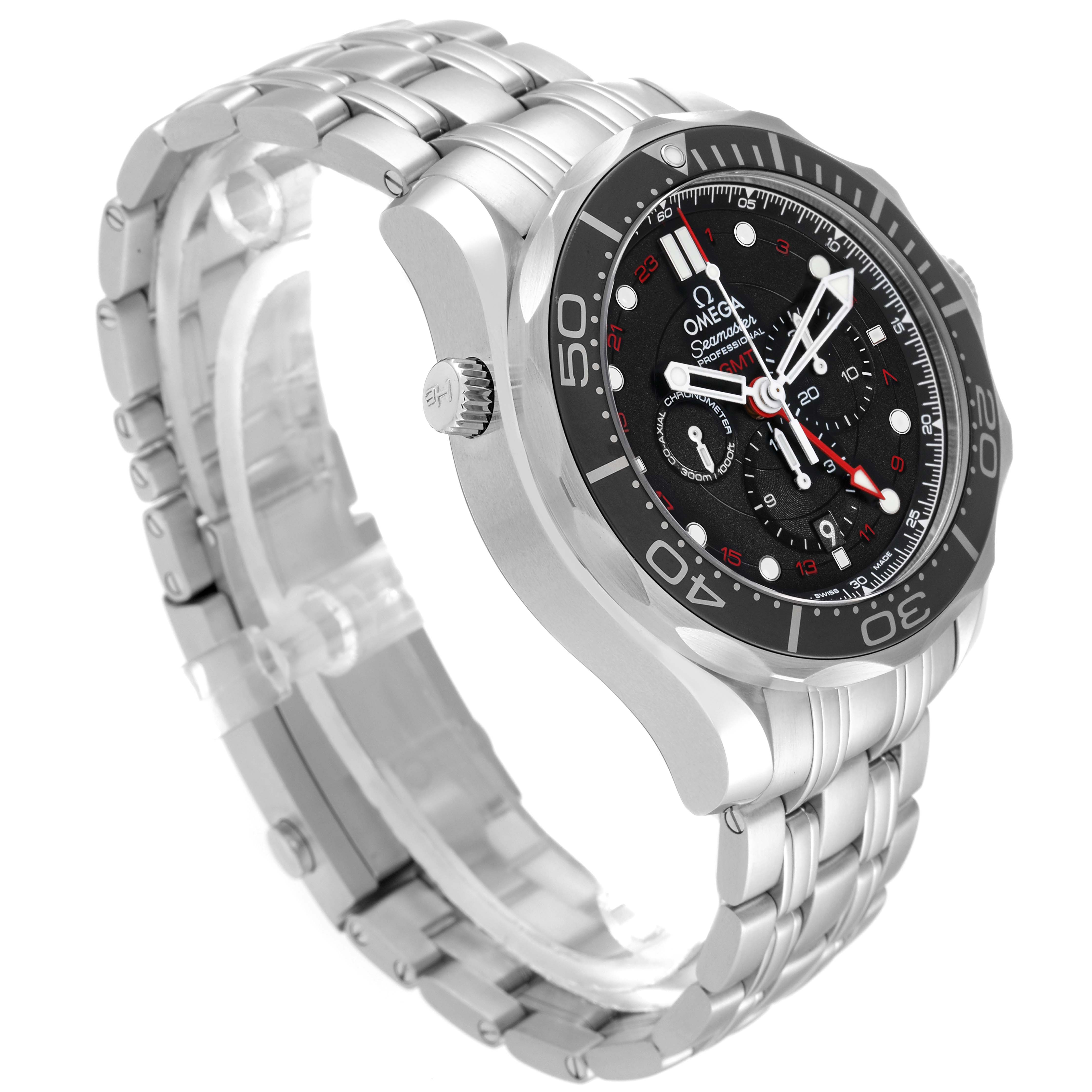 This Omega Seamaster 212.30.44.52.01.001 Men
s Stainless Steel Black Dial 212.30.44.52.01.001 Men
s Stainless Steel Black Dial watch is shown at a slight angle displaying its face, bezel, crown, and stainless steel bracelet.