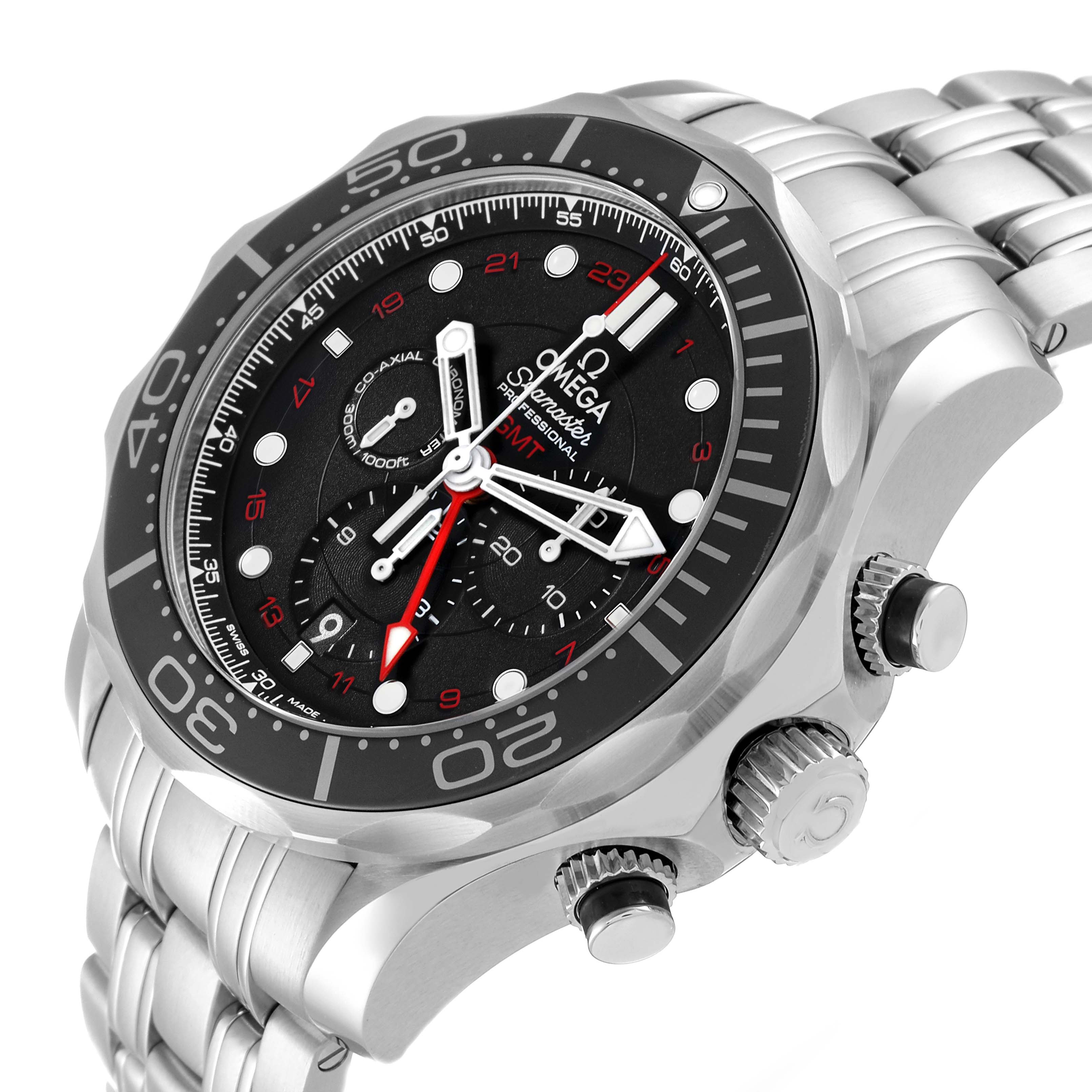 This image shows an Omega Seamaster 212.30.44.52.01.001 Men
s Stainless Steel Black Dial 212.30.44.52.01.001 Men
s Stainless Steel Black Dial watch at an oblique angle, highlighting the face, bezel, crown, and bracelet.