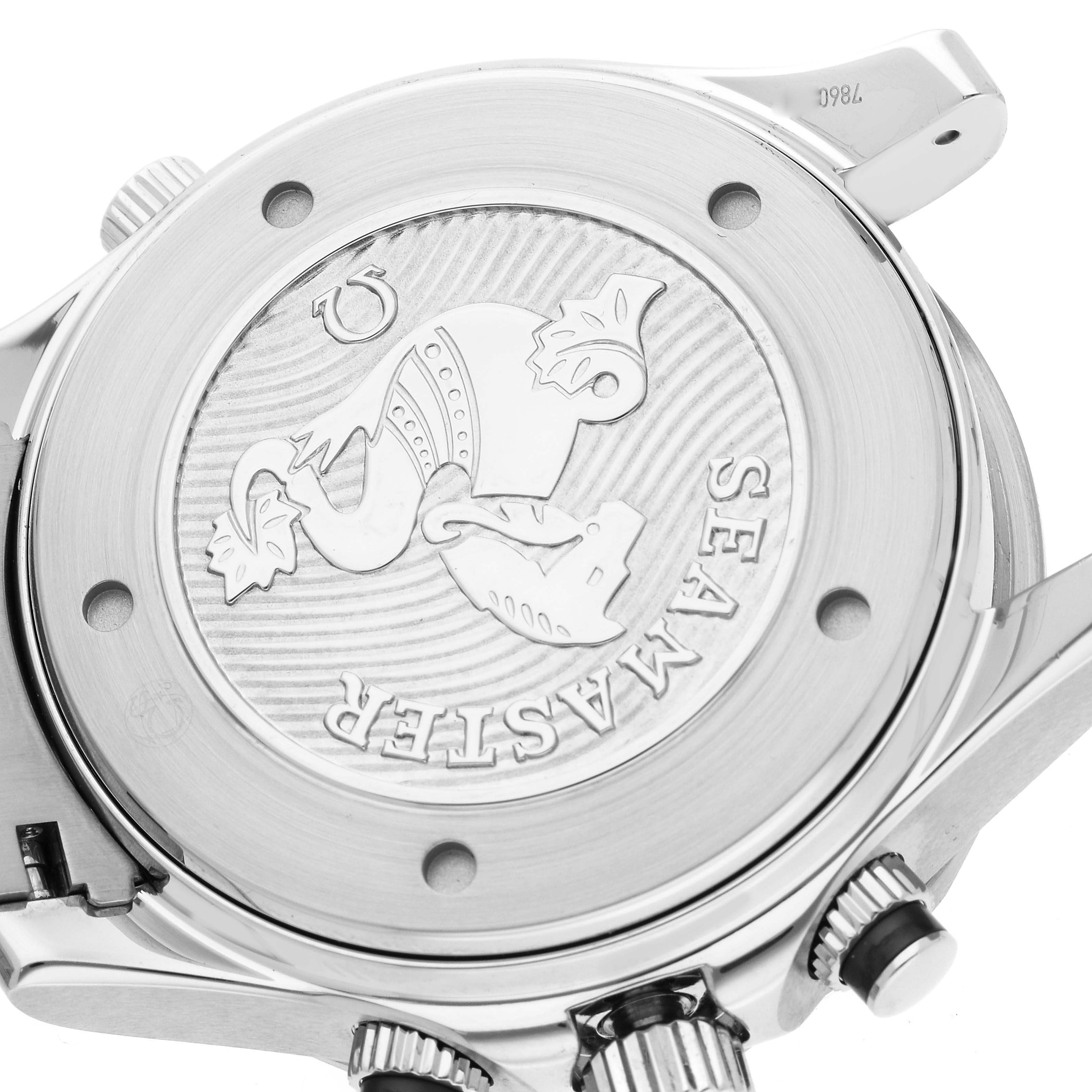 The image shows a close-up of the back and side of an Omega Seamaster 212.30.44.52.01.001 Men
s Stainless Steel Black Dial 212.30.44.52.01.001 Men
s Stainless Steel Black Dial watch, showcasing the engraved case back and crown details.