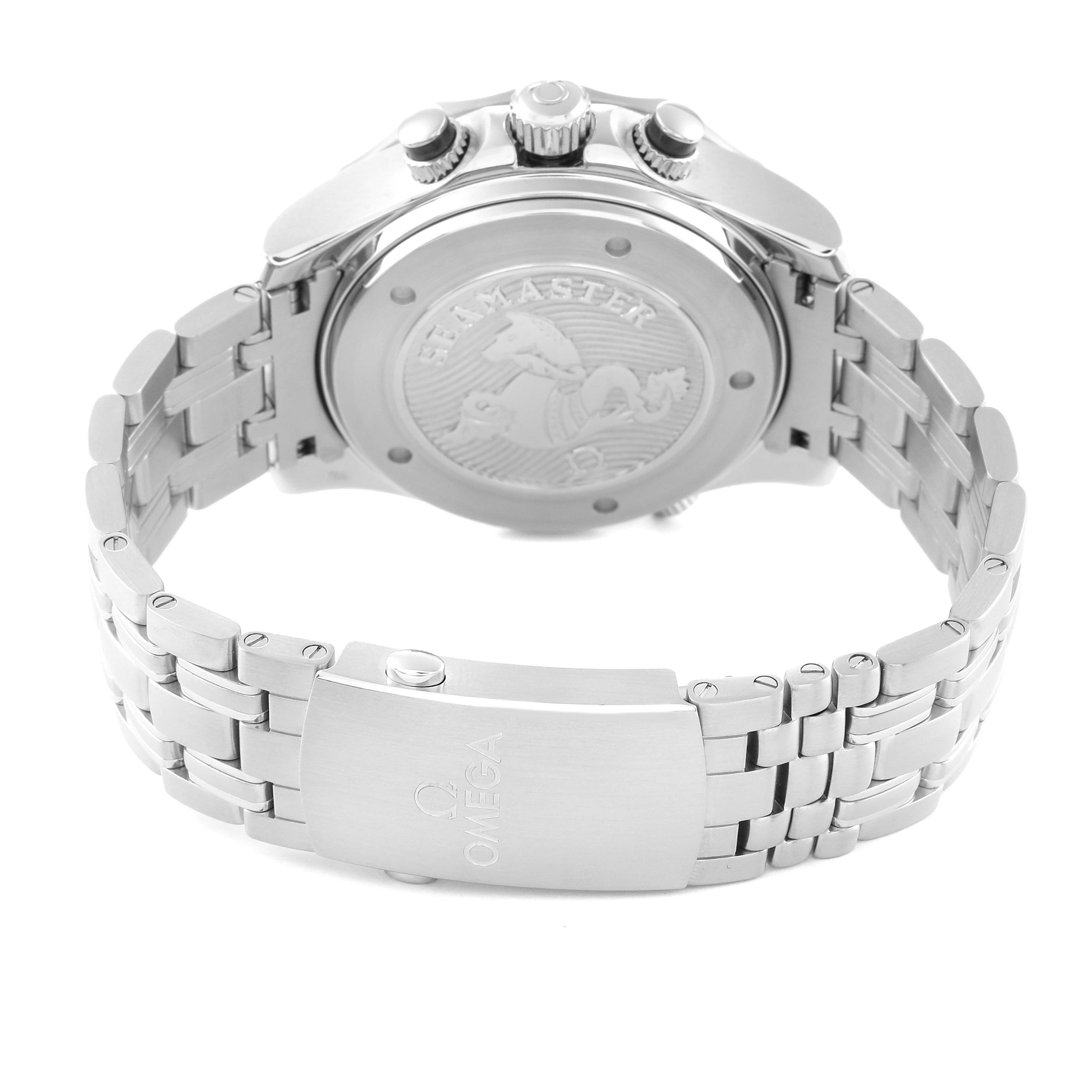 The image shows the back view of an Omega Seamaster 212.30.44.52.01.001 Men
s Stainless Steel Black Dial 212.30.44.52.01.001 Men
s Stainless Steel Black Dial watch, highlighting the case back, bracelet, and clasp.