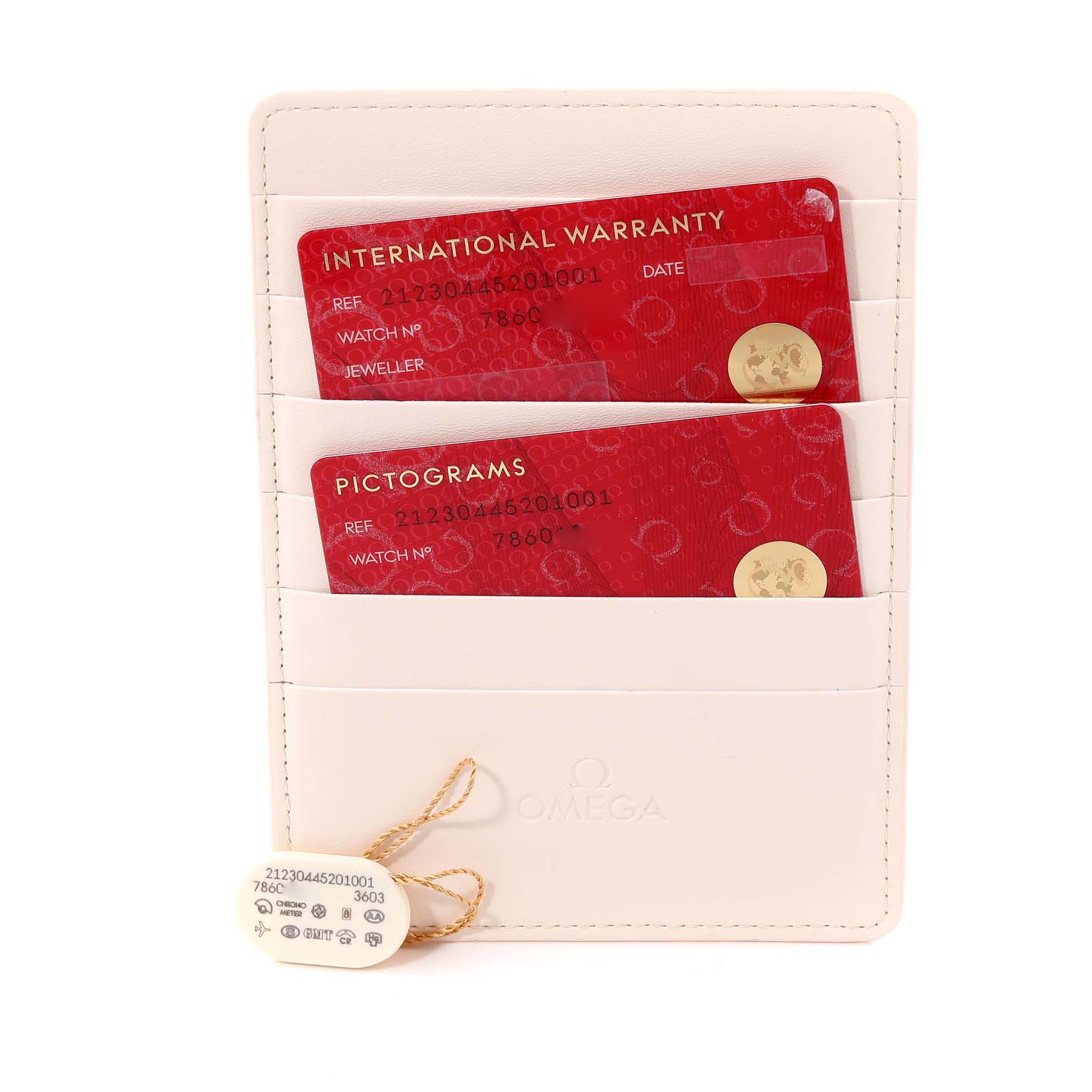 The image shows the warranty cards and tags for an Omega Seamaster 212.30.44.52.01.001 Men
s Stainless Steel Black Dial 212.30.44.52.01.001 Men
s Stainless Steel Black Dial watch, displayed in a cream cardholder.