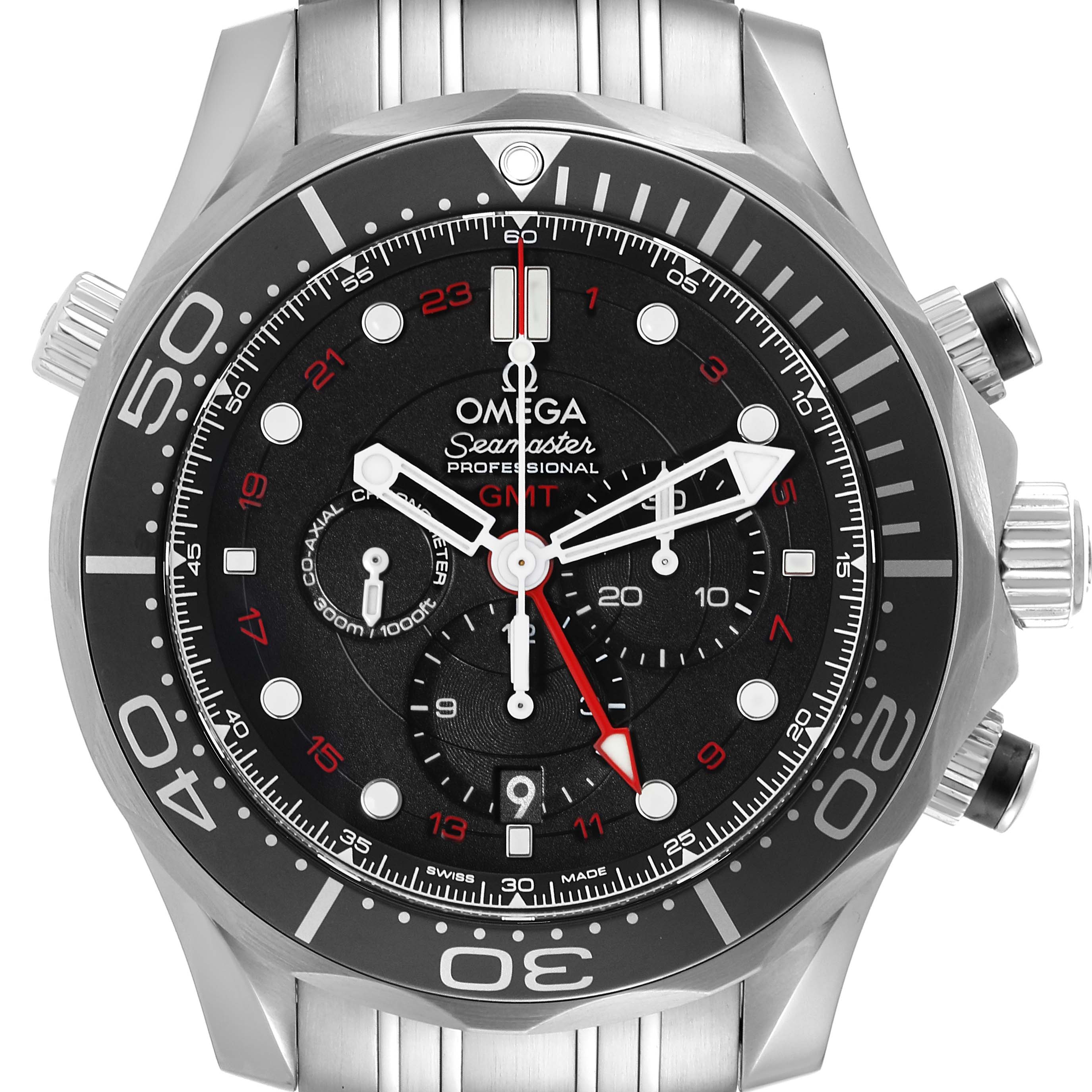 This is a front view of the Omega Seamaster 212.30.44.52.01.001 Men
s Stainless Steel Black Dial 212.30.44.52.01.001 Men
s Stainless Steel Black Dial Professional GMT showing the bezel, dial, hands, and pushers.