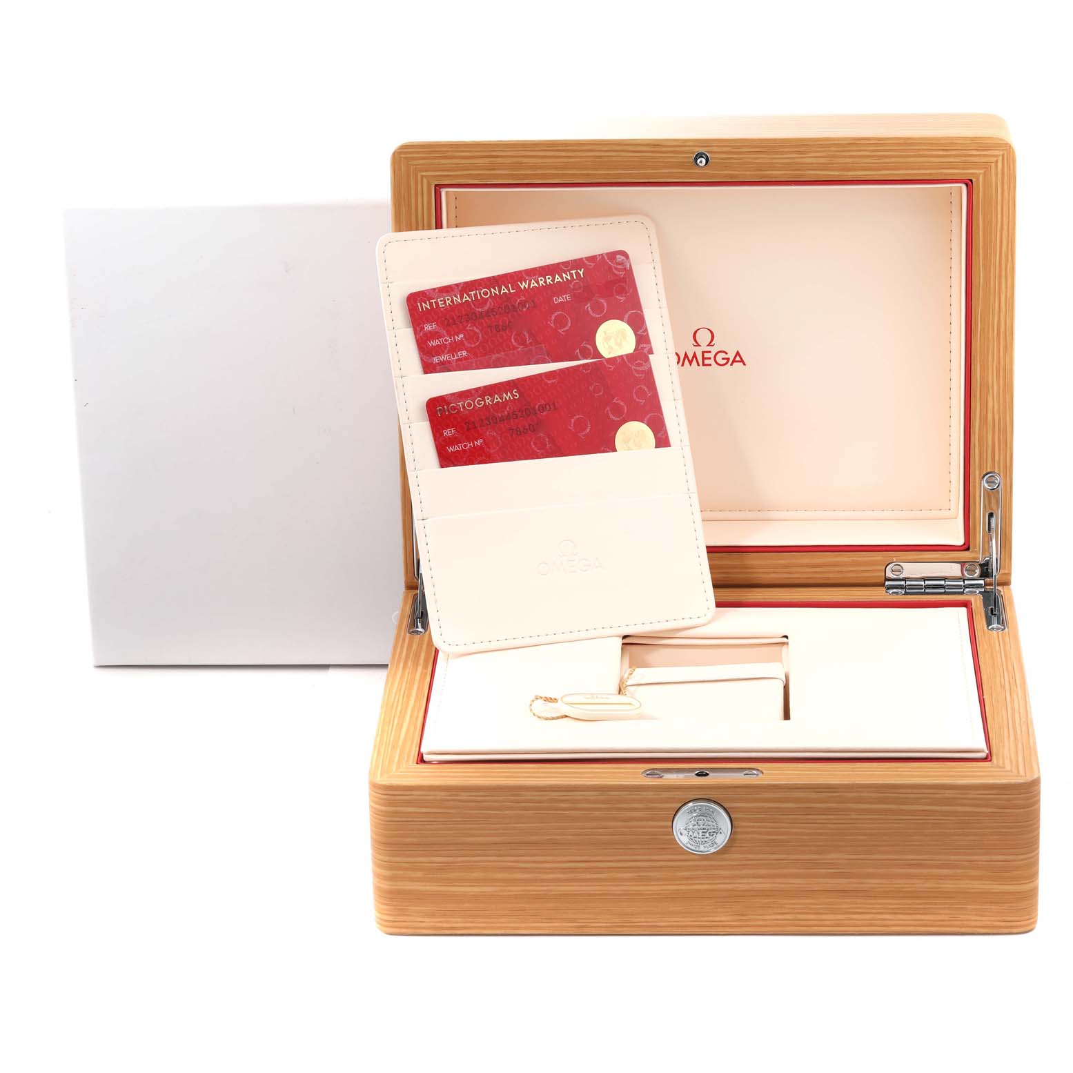 The image shows the opened wooden box of an Omega Seamaster 212.30.44.52.01.001 Men
s Stainless Steel Black Dial 212.30.44.52.01.001 Men
s Stainless Steel Black Dial watch, displaying warranty cards and other accessories.